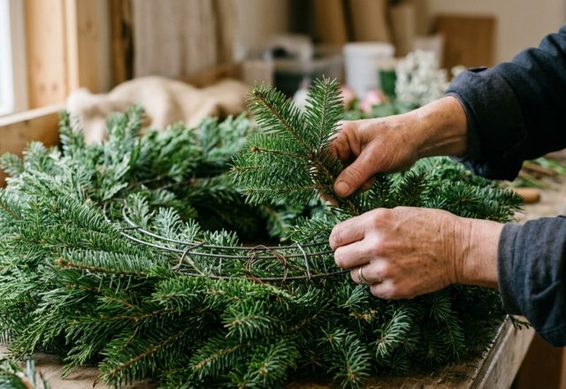 professional wreath fluffing techniques demonstrated on a dense balsam base with hands adjusting tips to create a three-dimensional starburst effect.