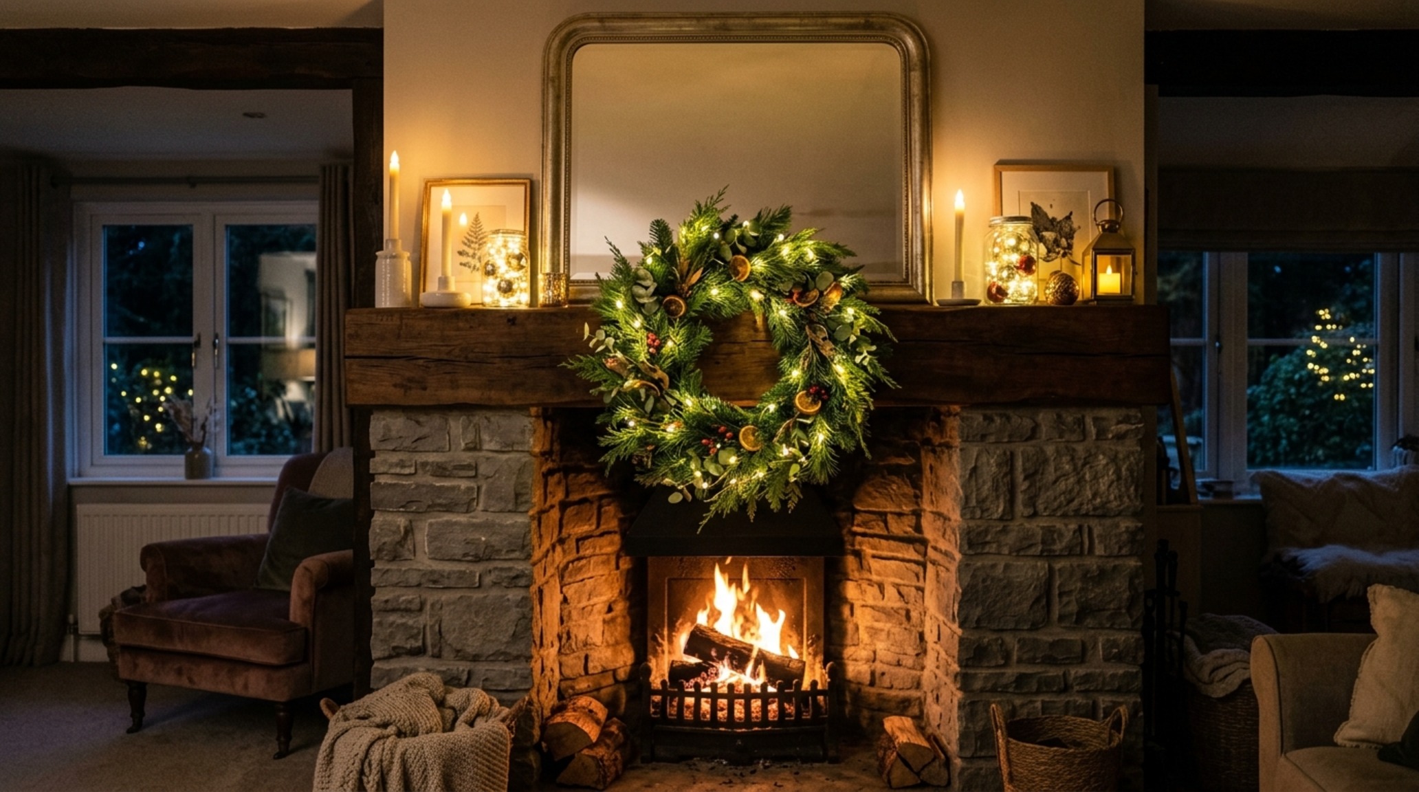DIY battery operated wreath lighting hidden within a frosted pine wreath on a bedroom mantle with warm ambient illumination.