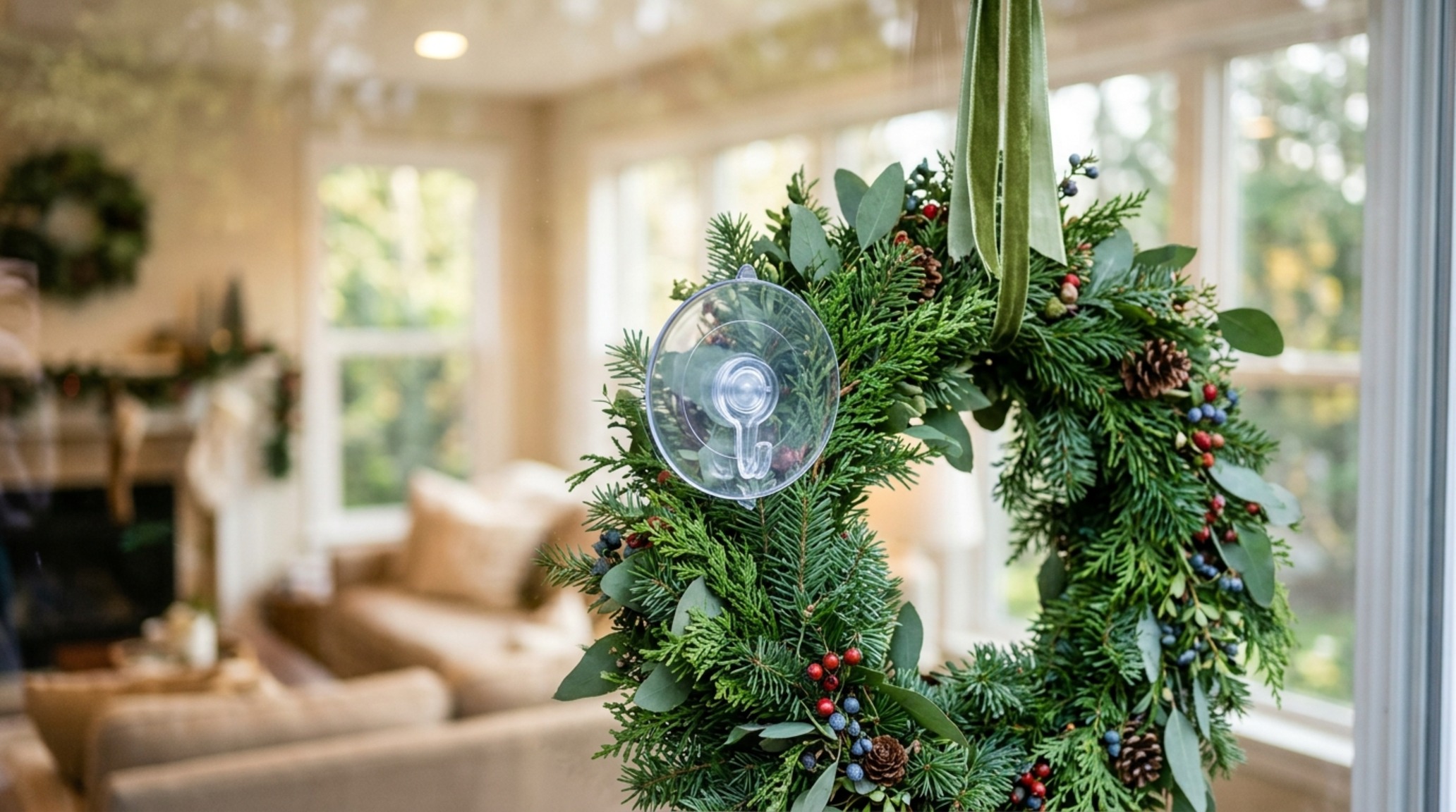 damage free wreath hanging guide using a high-strength magnetic hanger on a contemporary glass and metal front door.