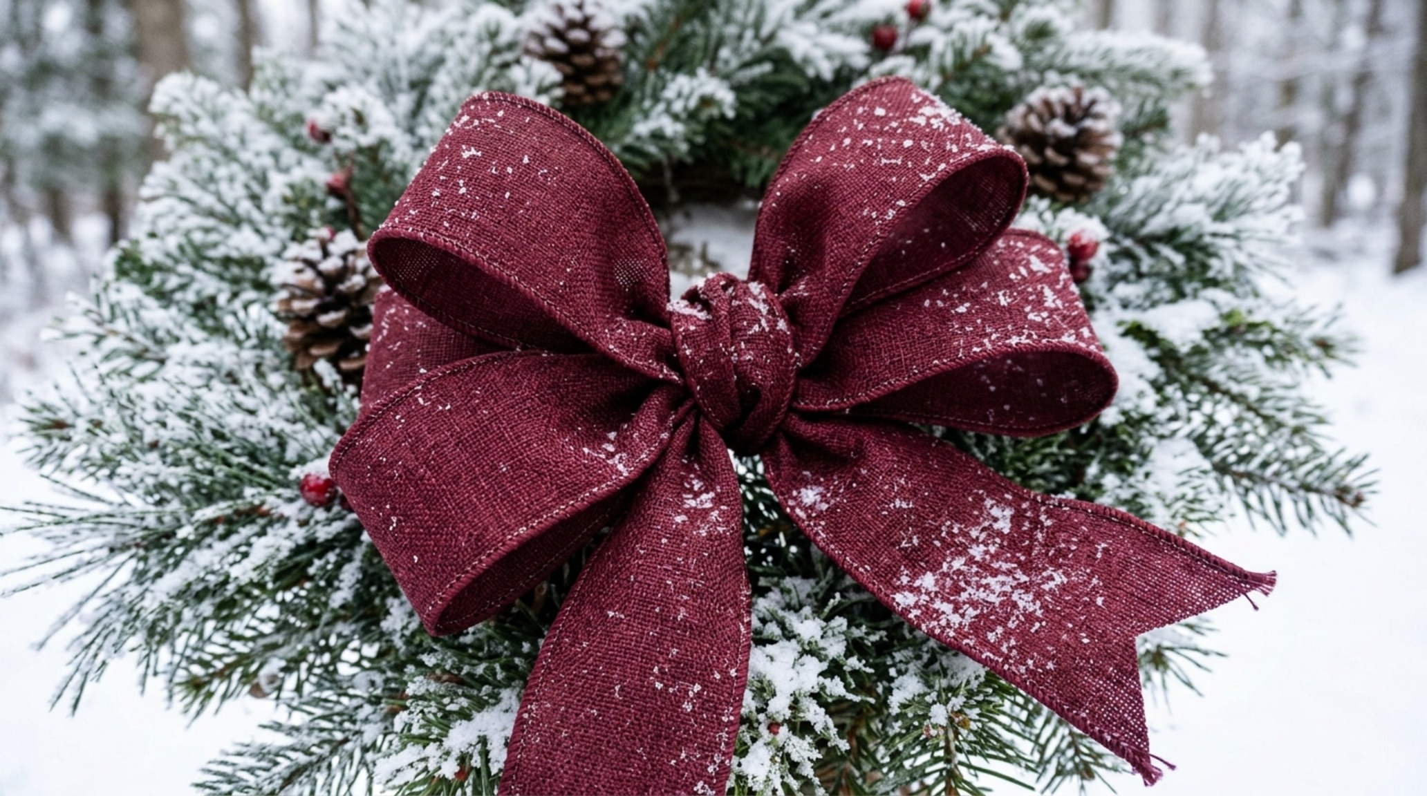 best ribbon for outdoor wreaths featuring weatherproof gold-trimmed burgundy ribbon sculpted to maintain shape in winter weather.