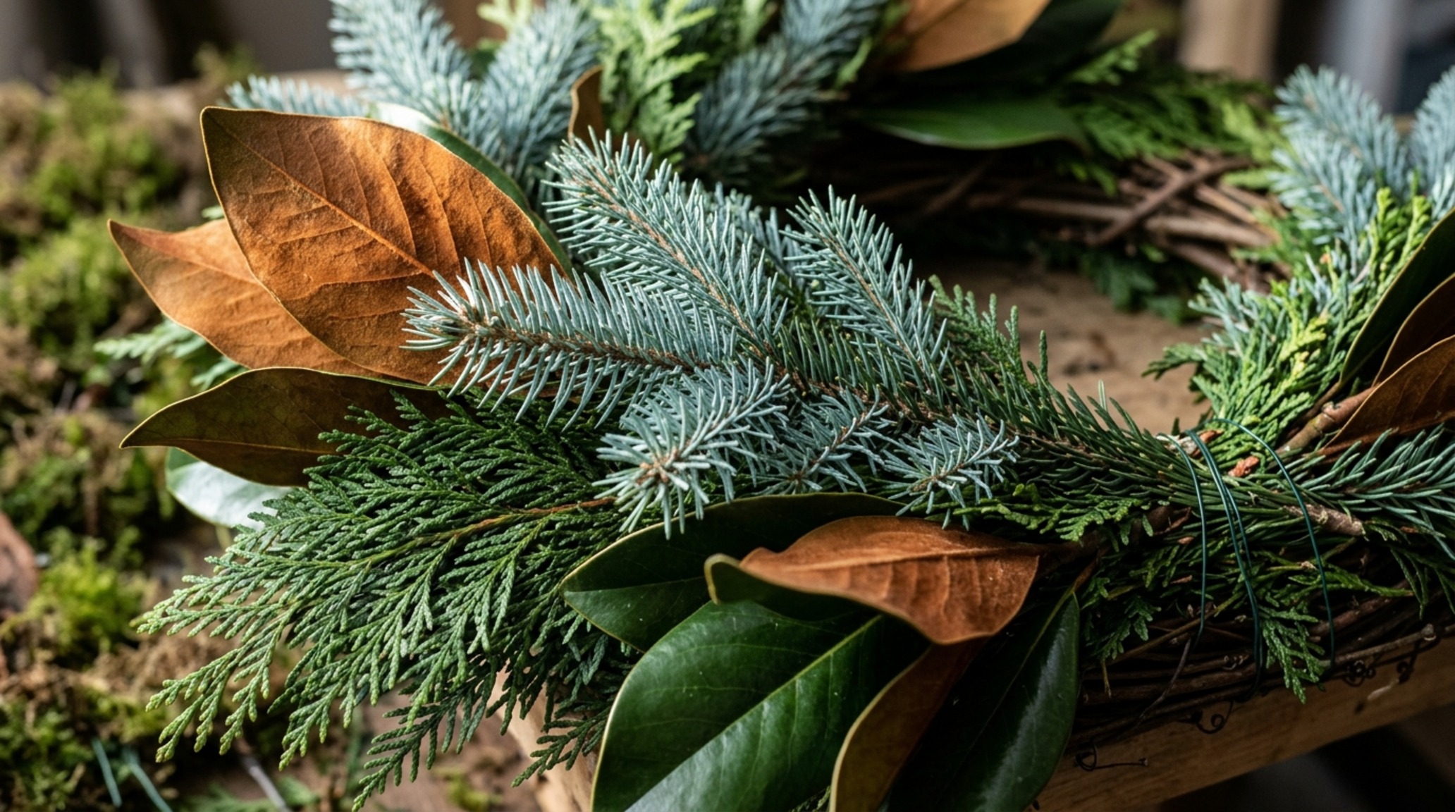 layering botanical textures for wreaths using a mix of noble fir, cedar sprigs, and velvet-textured magnolia leaves for visual depth.