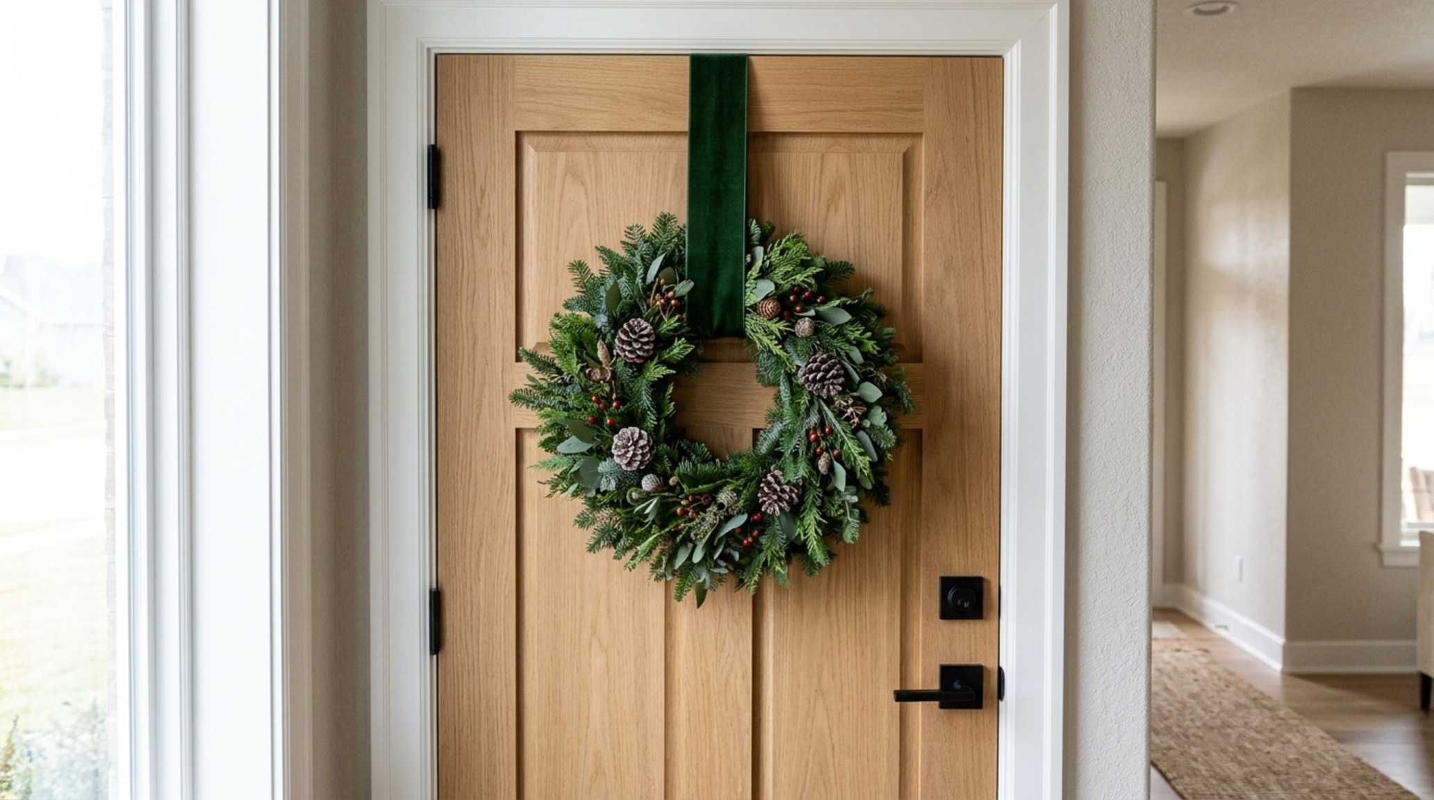 damage free wreath hanging guide using a wide sienna velvet ribbon looped over a white oak door to a concealed interior hook.