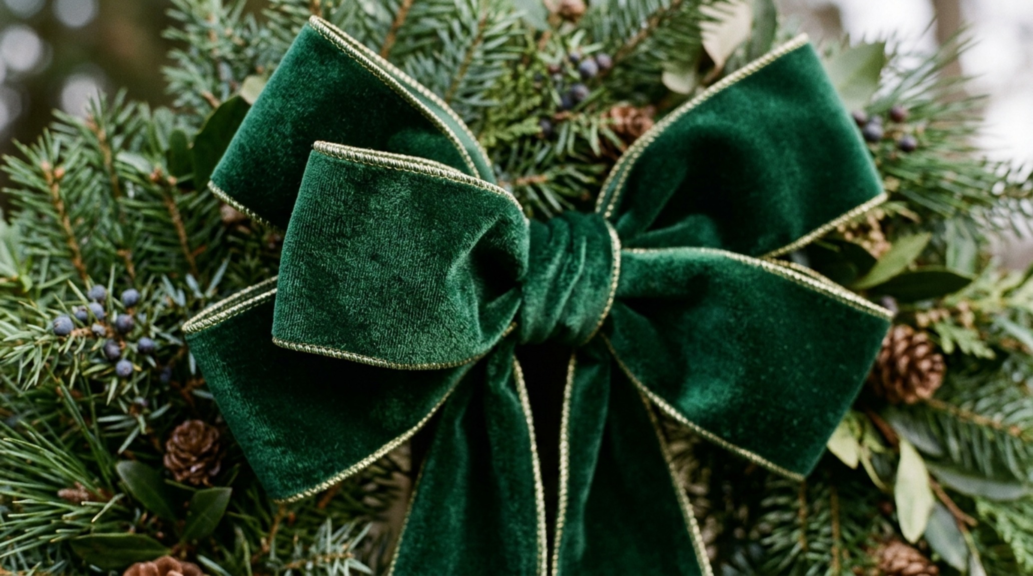 best ribbon for outdoor wreaths shown in a heavy 4-inch wired forest green velvet tied in a structured editorial bow.