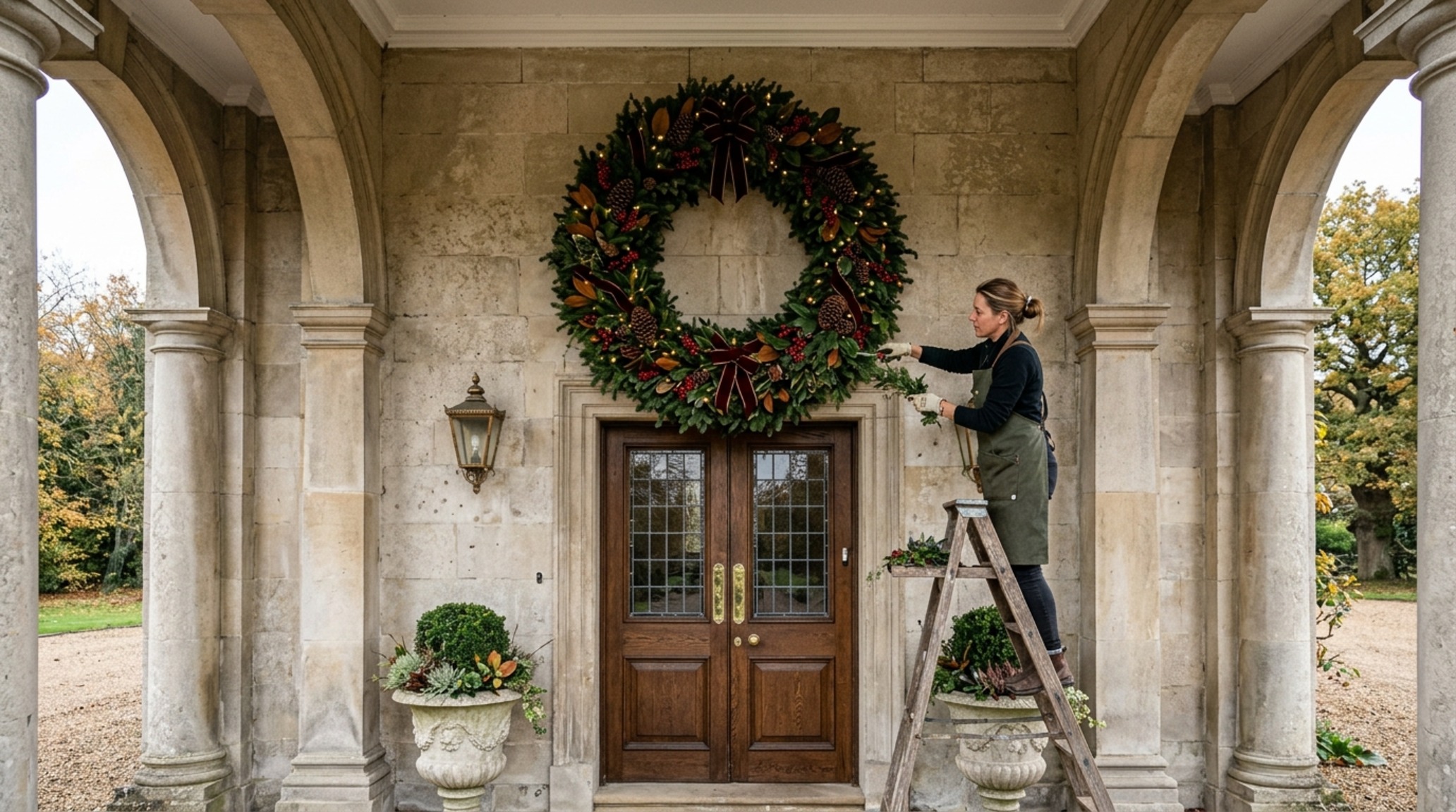 professional wreath fluffing techniques applied to a 36-inch oversized holiday wreath centered at 57-inch eye-level on a stone facade.