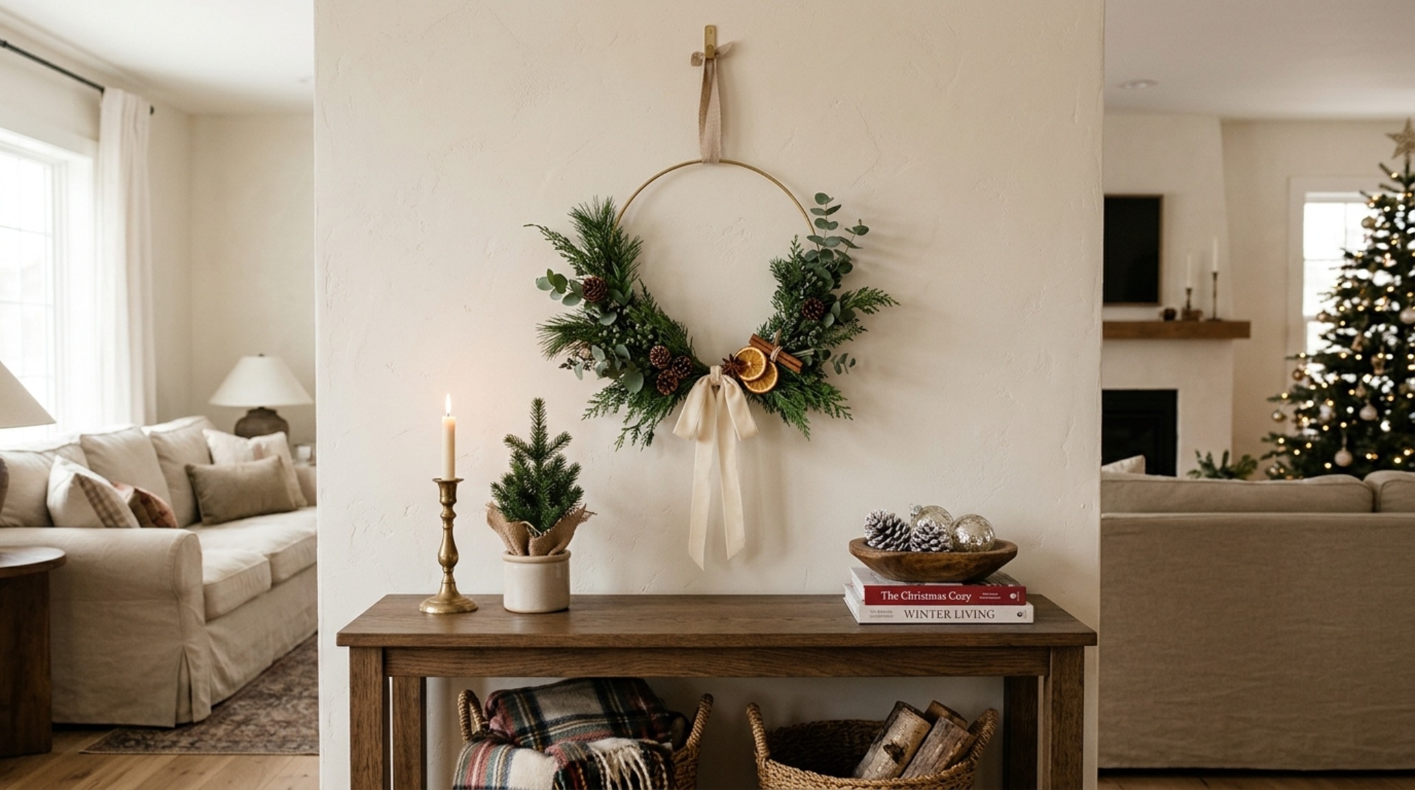 modern farmhouse christmas wreath ideas showcased in a minimalist entryway with a monochromatic palette and natural wood accents.