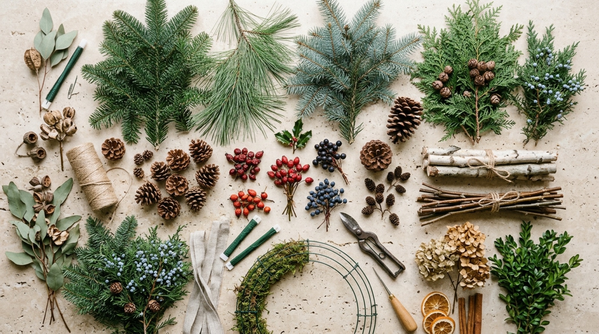 layering botanical textures for wreaths including dried orange slices and cinnamon sticks for an organic, tactile material dialogue.