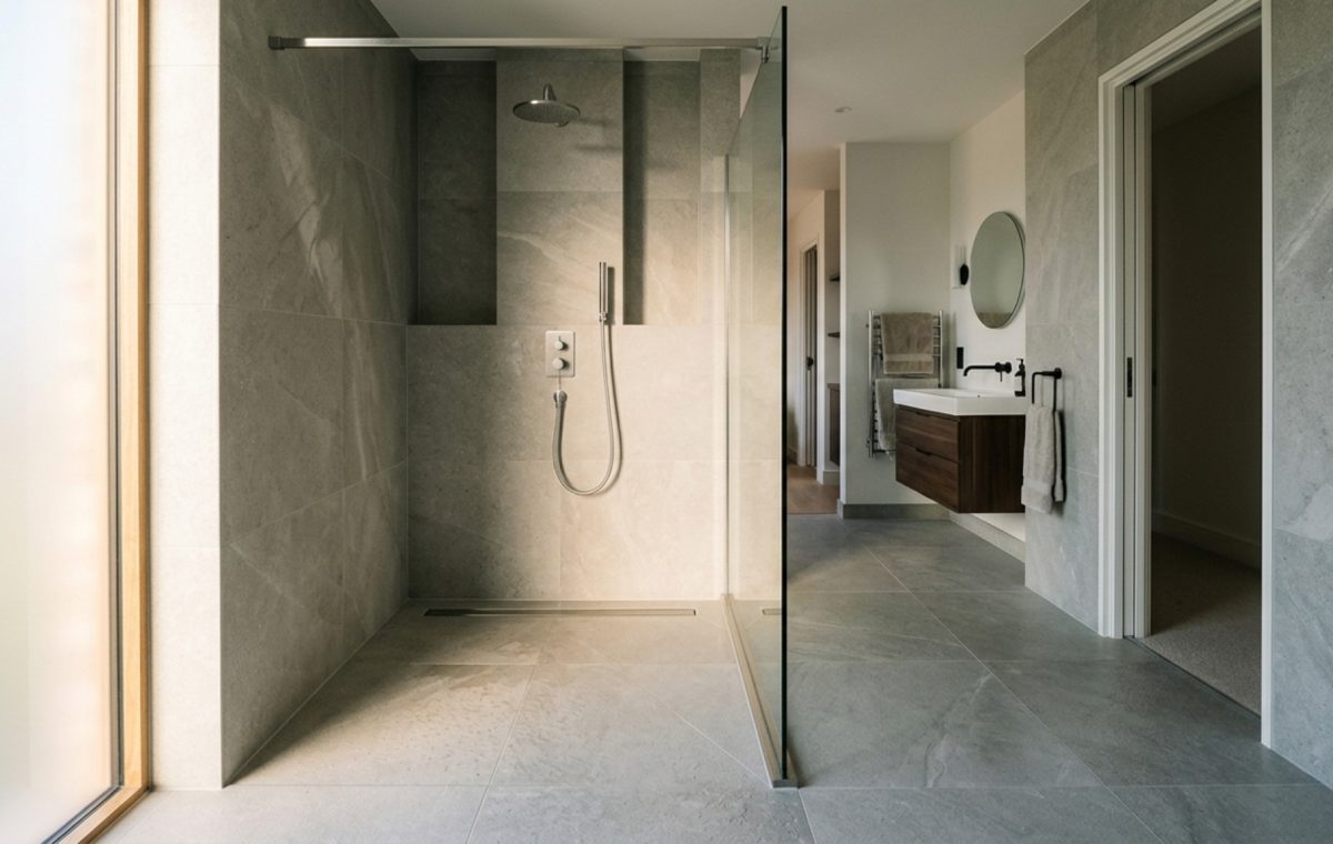 Wet room design trends featuring a curbless shower entry with a linear drain and floor-to-ceiling structural glass panel for an open-concept aesthetic.