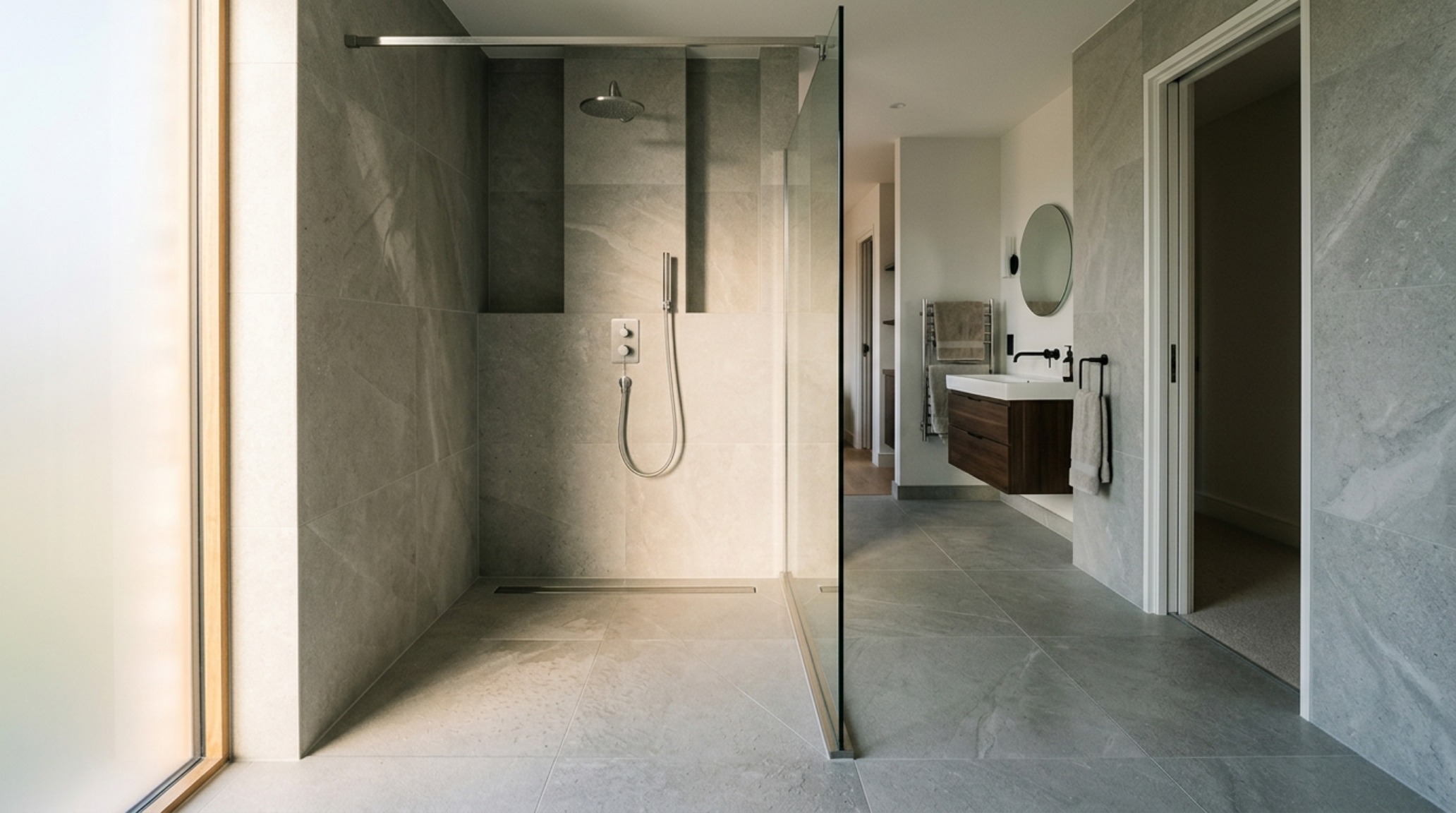 Wet room design trends featuring a curbless shower entry with a linear drain and floor-to-ceiling structural glass panel for an open-concept aesthetic. Wet room design trends featuring a curbless shower entry with a linear drain and floor-to-ceiling structural glass panel for an open-concept aesthetic.