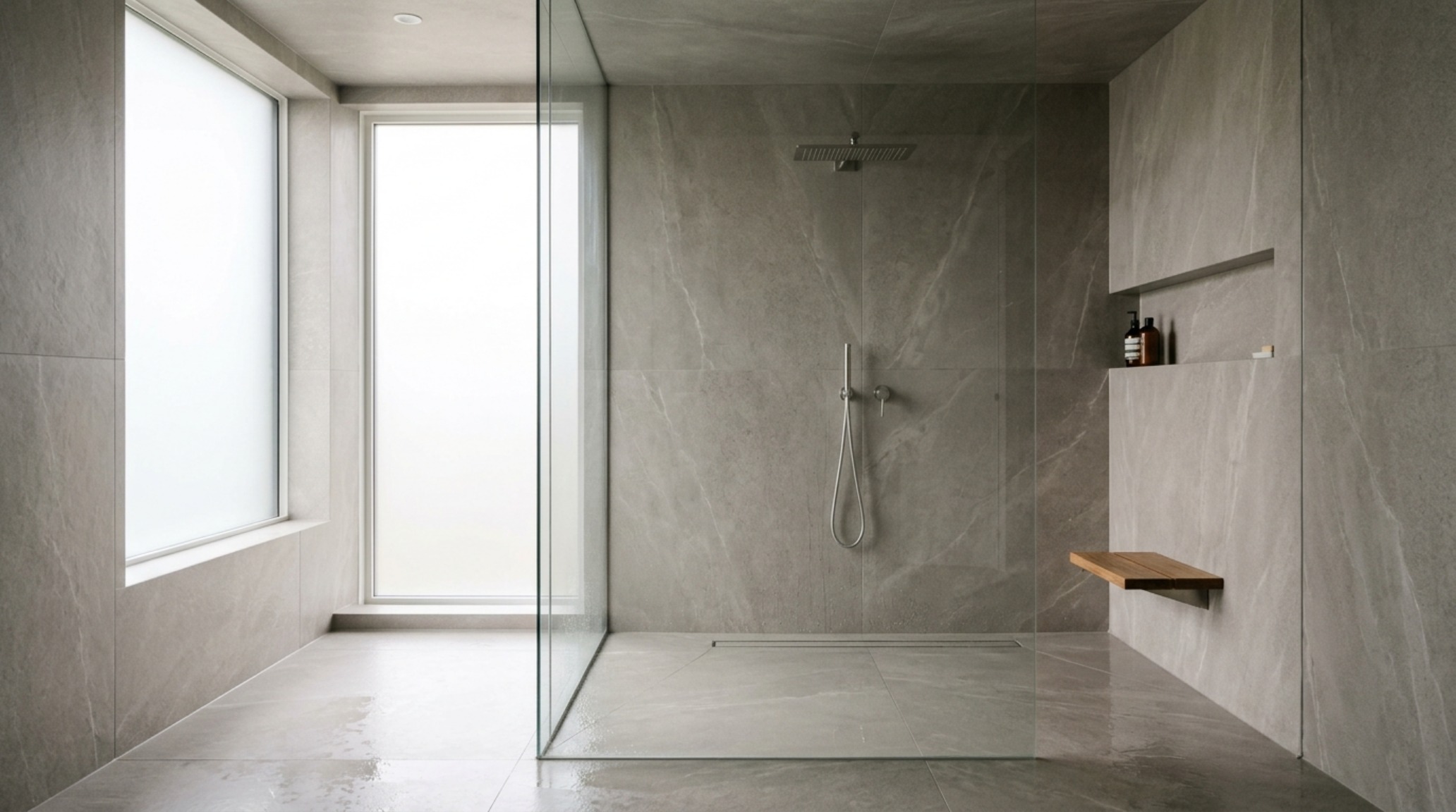 Wet room design trends utilizing a monolithic grey porcelain slab on both the floor and walls for a seamless visual flow. Wet room design trends utilizing a monolithic grey porcelain slab on both the floor and walls for a seamless visual flow.