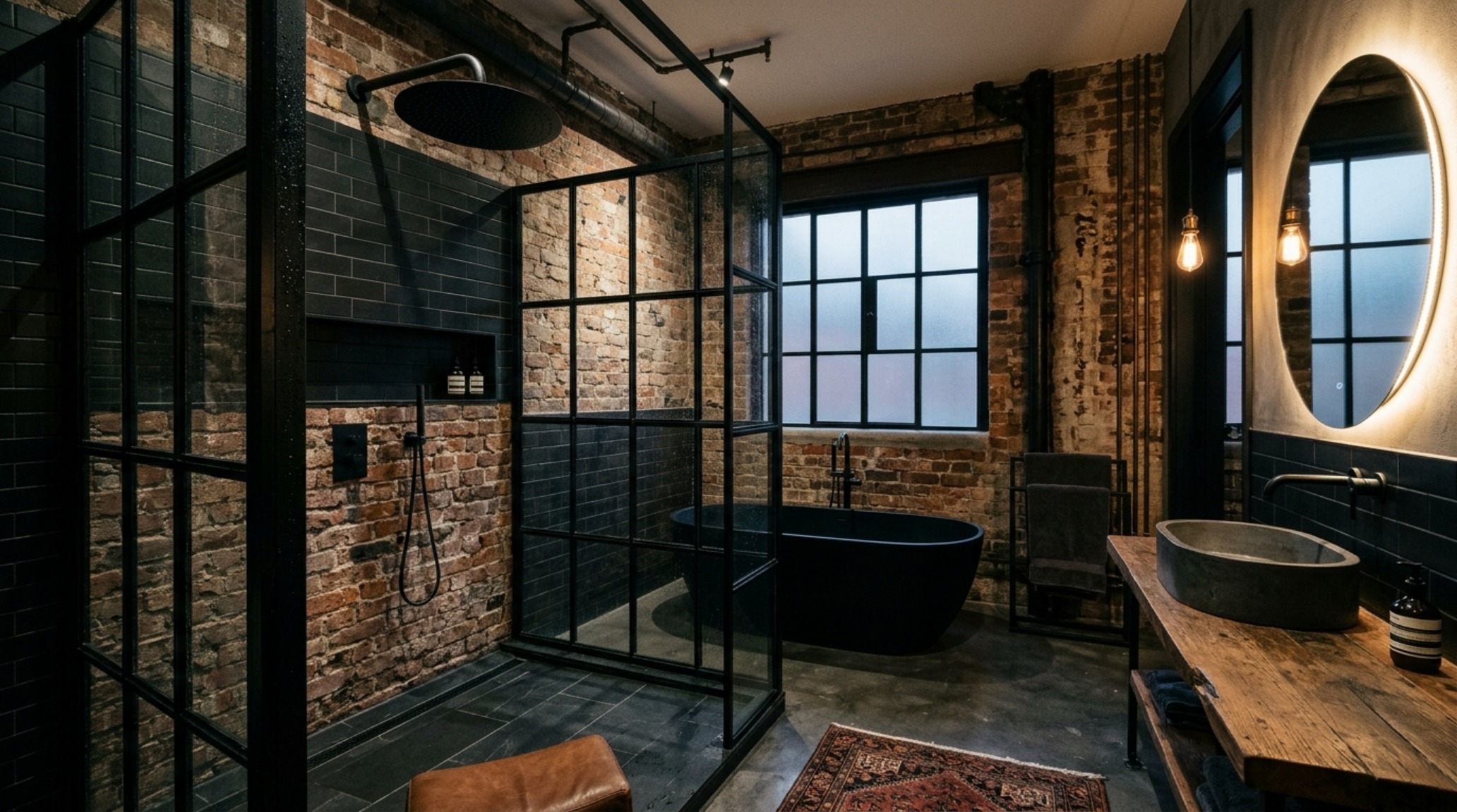Industrial luxury bathrooms with a steel-framed black glass partition wall and an oversized rainfall shower head. Industrial luxury bathrooms with a steel-framed black glass partition wall and an oversized rainfall shower head.