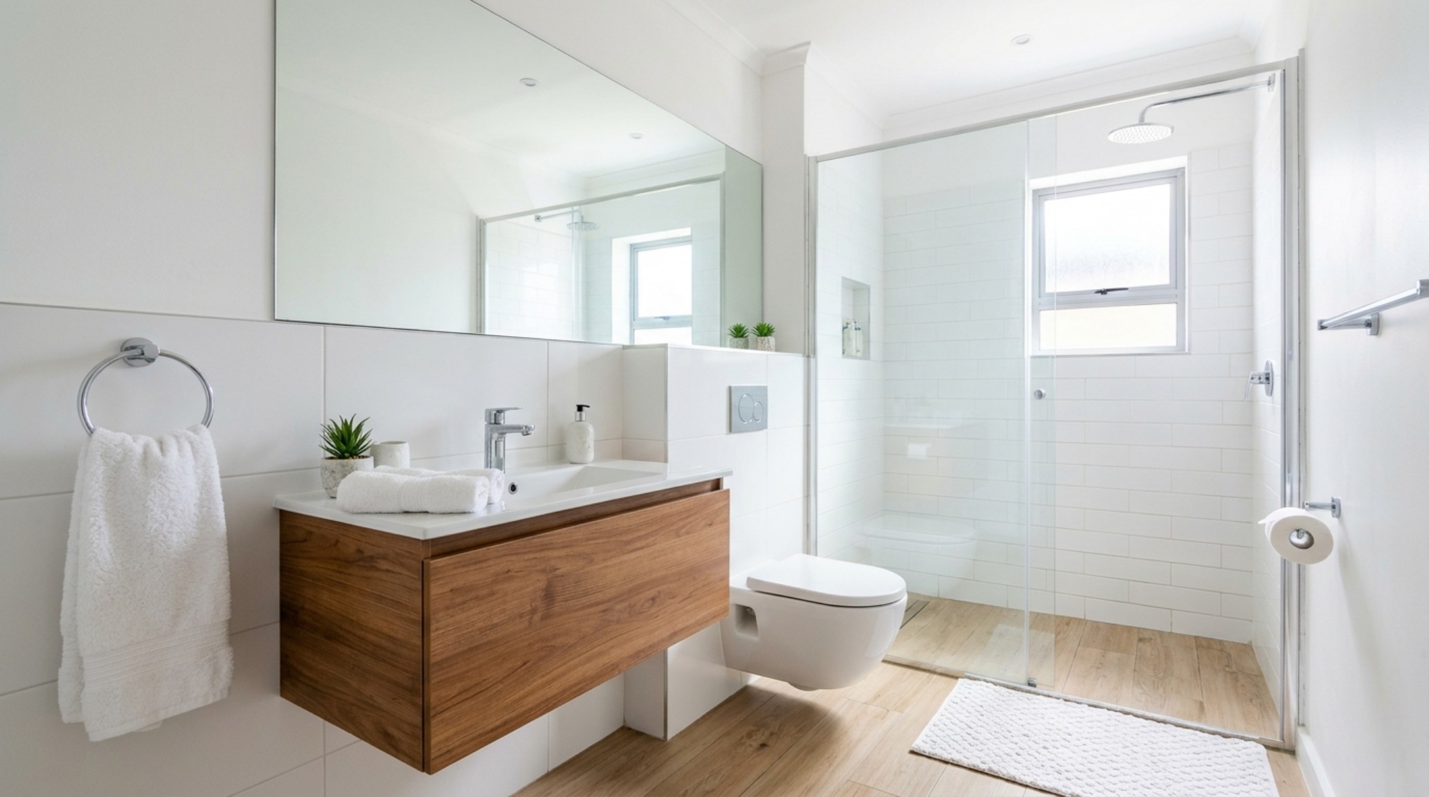 Modern bathroom floor plans optimized for a small urban space with a floating vanity and wall-mounted toilet to maximize floor area. Modern bathroom floor plans optimized for a small urban space with a floating vanity and wall-mounted toilet to maximize floor area.