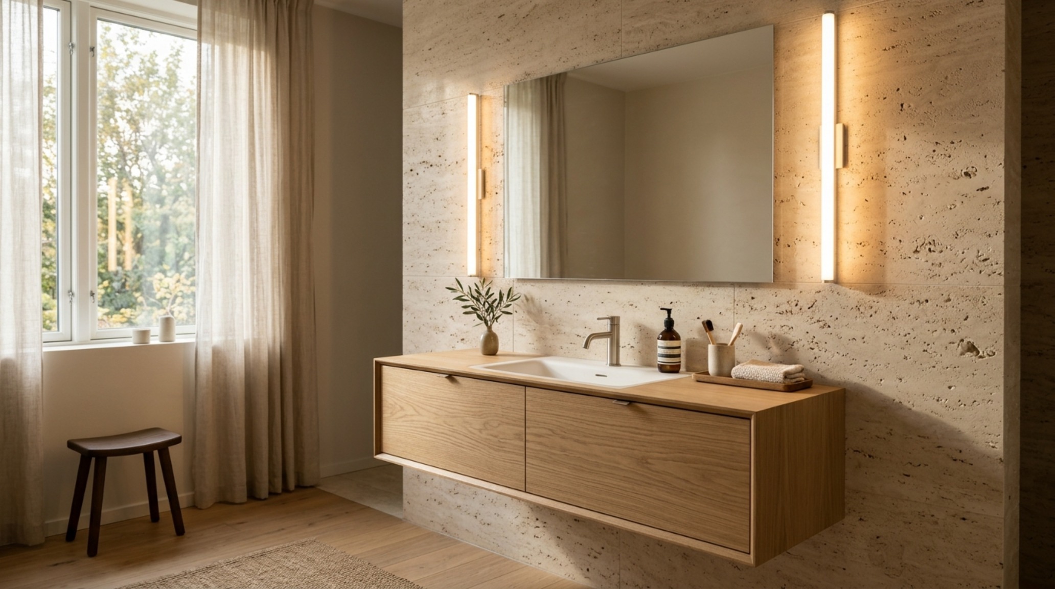 Minimalist vanity lighting with vertical wall sconces flanking a circular mirror over a floating white oak vanity with a stone countertop. Minimalist vanity lighting with vertical wall sconces flanking a circular mirror over a floating white oak vanity with a stone countertop.