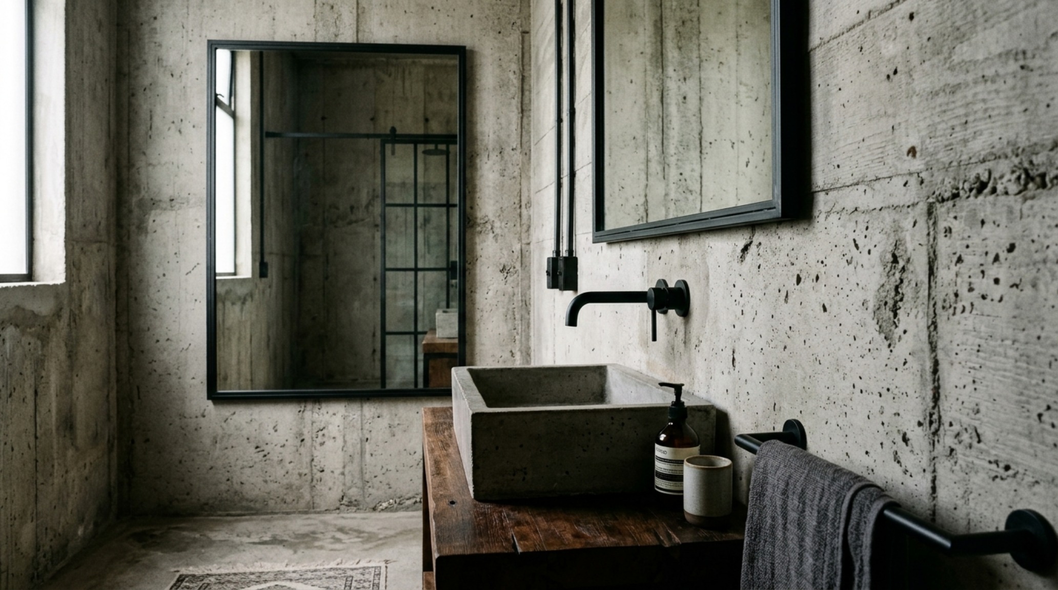 Industrial luxury bathrooms showcasing an exposed concrete wall paired with matte black fixtures and a freestanding cast iron soaking tub. Industrial luxury bathrooms showcasing an exposed concrete wall paired with matte black fixtures and a freestanding cast iron soaking tub.