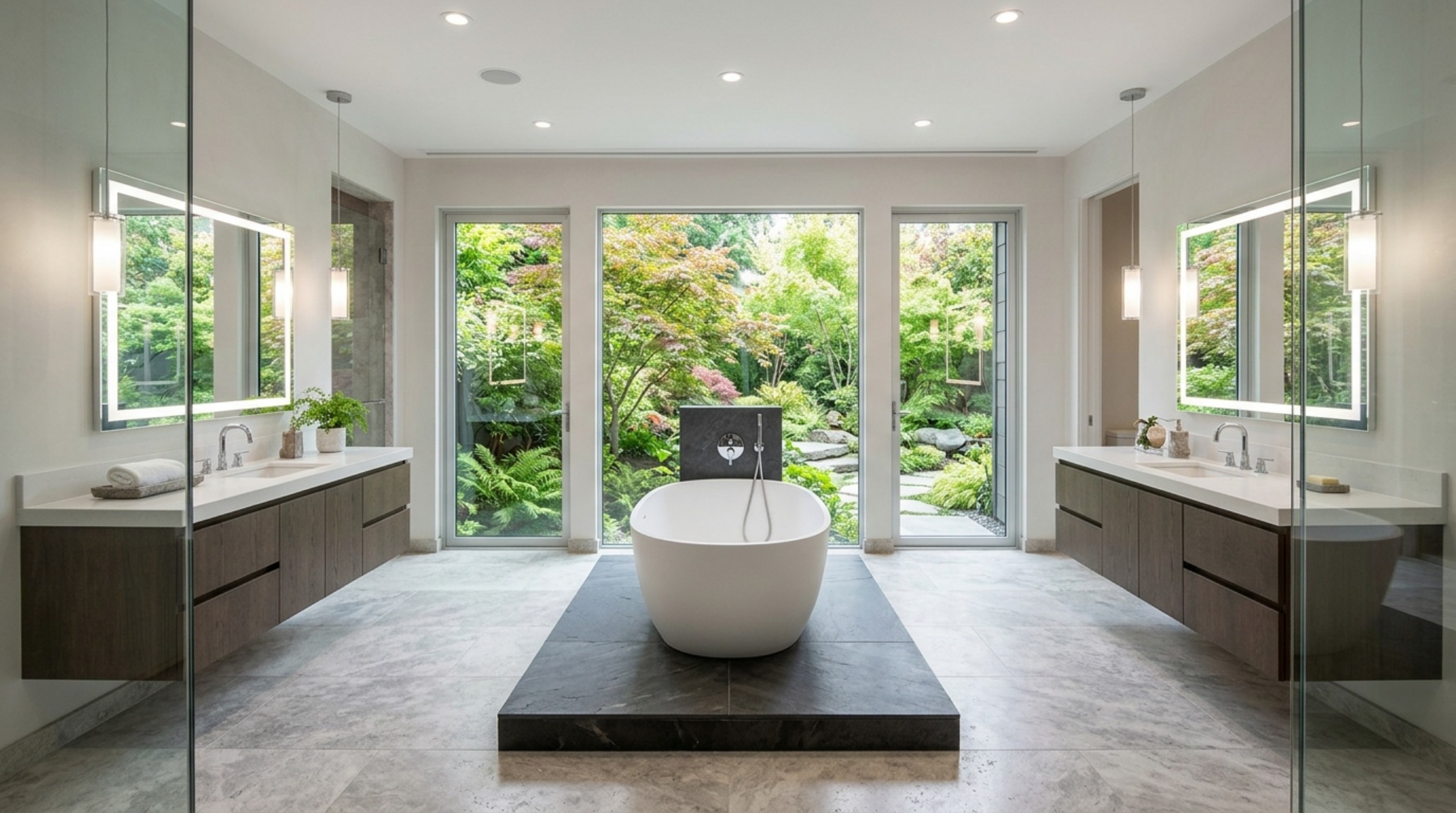 Modern bathroom floor plans demonstrating a 36-inch primary circulation path and a symmetrical layout with a central soaking tub axis. Modern bathroom floor plans demonstrating a 36-inch primary circulation path and a symmetrical layout with a central soaking tub axis.