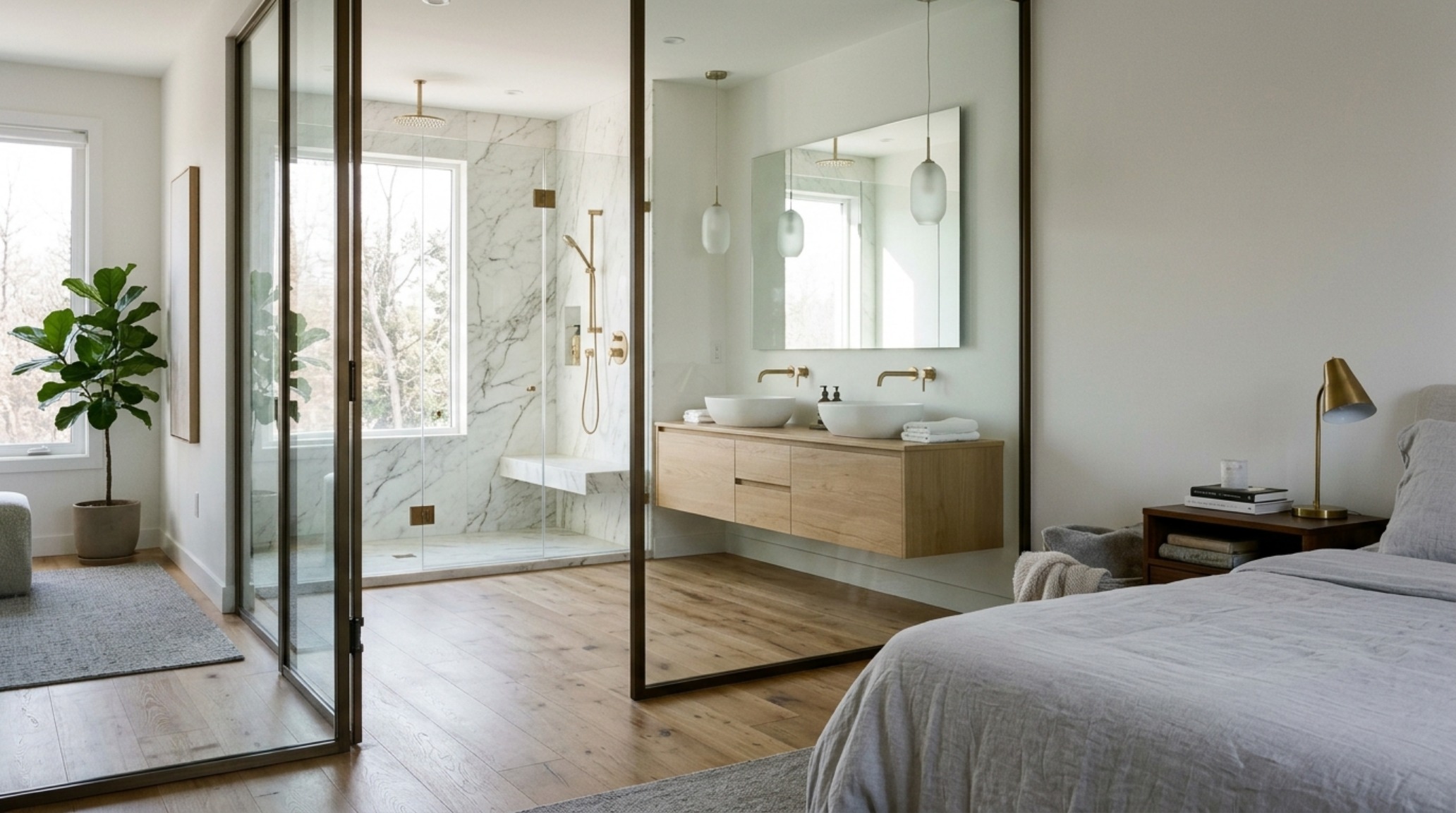 Dwell-inspired master suites with a seamless transition from the bedroom oak flooring to a glass-enclosed bathroom sanctuary. Dwell-inspired master suites with a seamless transition from the bedroom oak flooring to a glass-enclosed bathroom sanctuary.