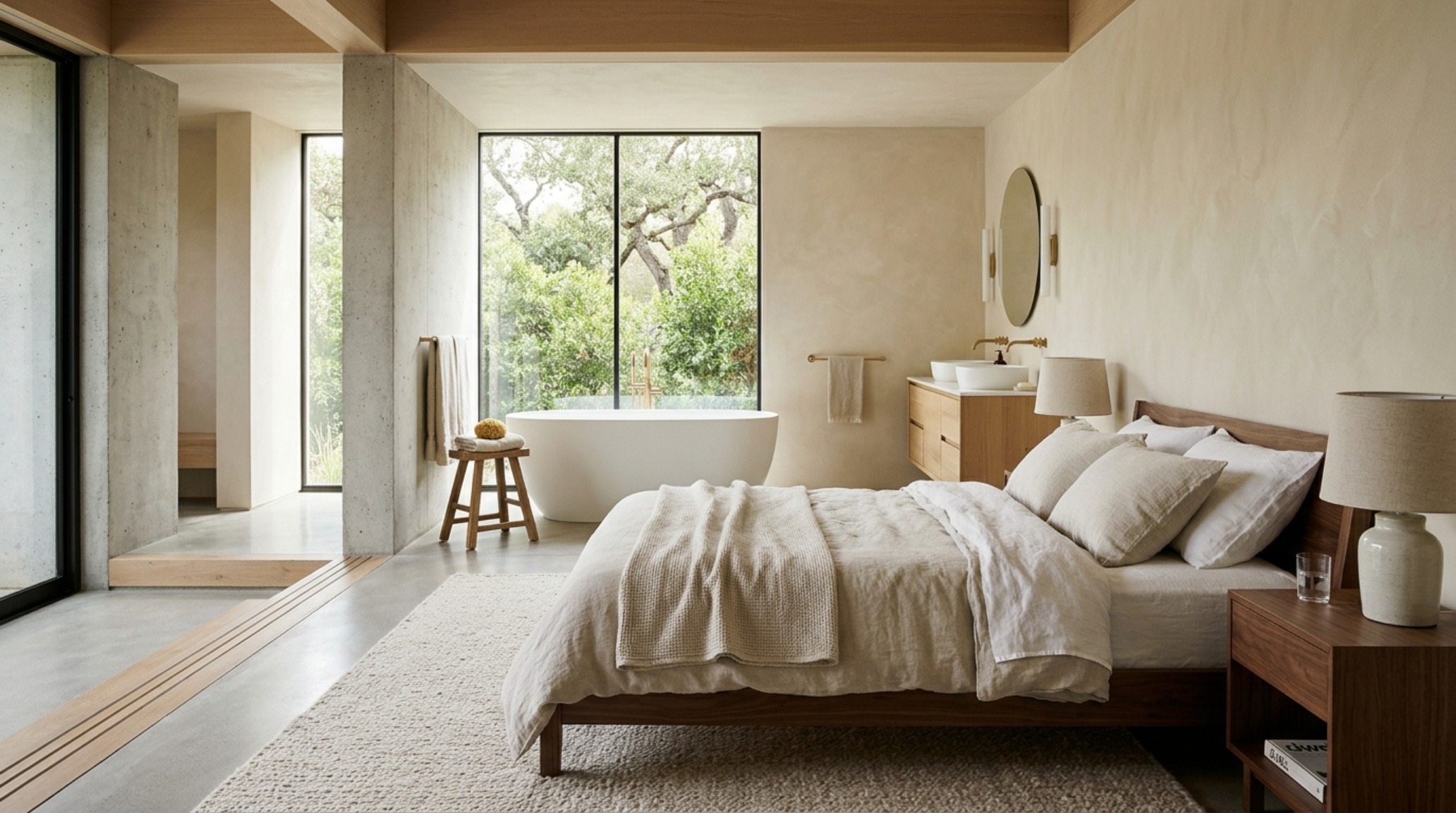 Dwell-inspired master suites featuring a minimalist bed and a view into an integrated bath area with a honed marble shower. Dwell-inspired master suites featuring a minimalist bed and a view into an integrated bath area with a honed marble shower.