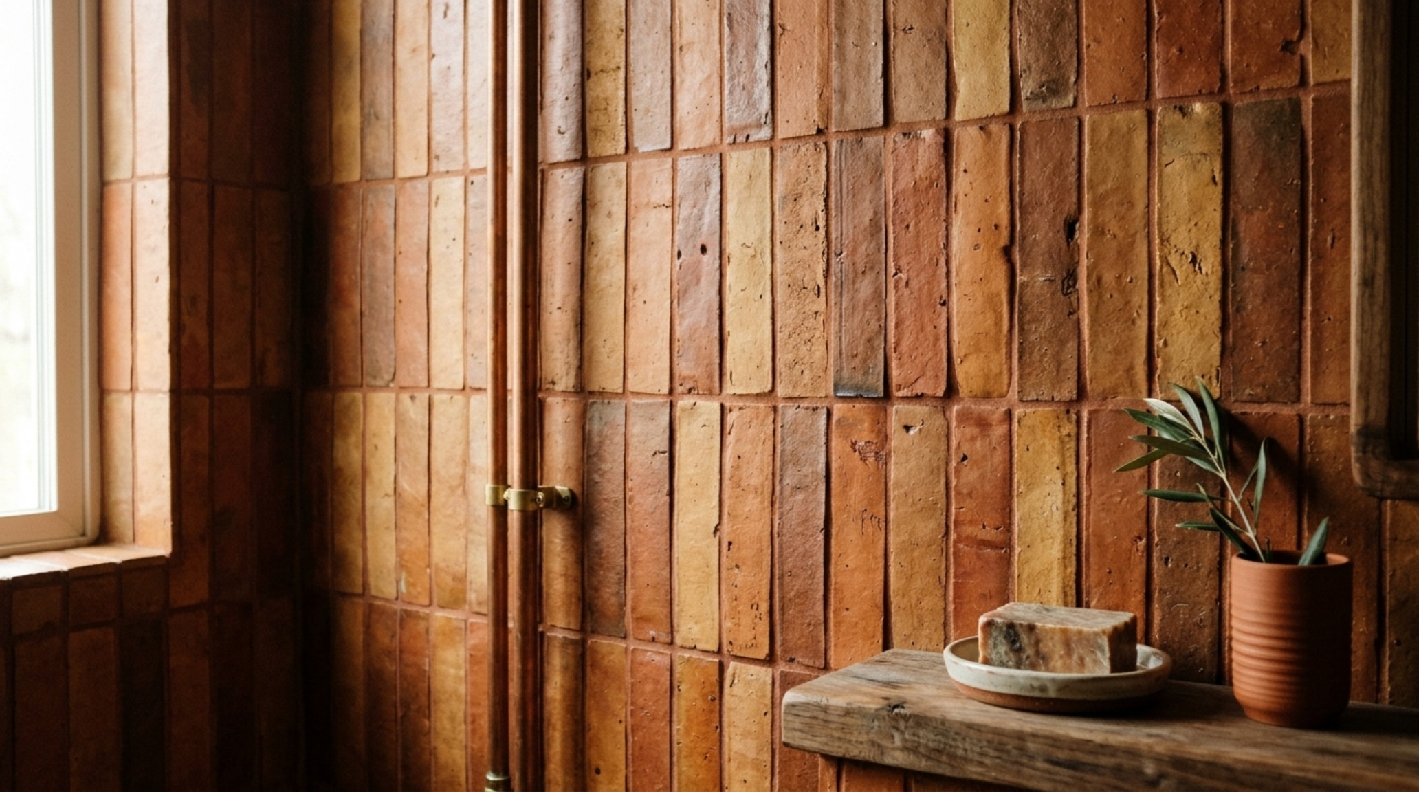 Sustainable bathroom materials like artisanal terracotta tiles in a stacked bond pattern on a bathroom feature wall. Sustainable bathroom materials like artisanal terracotta tiles in a stacked bond pattern on a bathroom feature wall.
