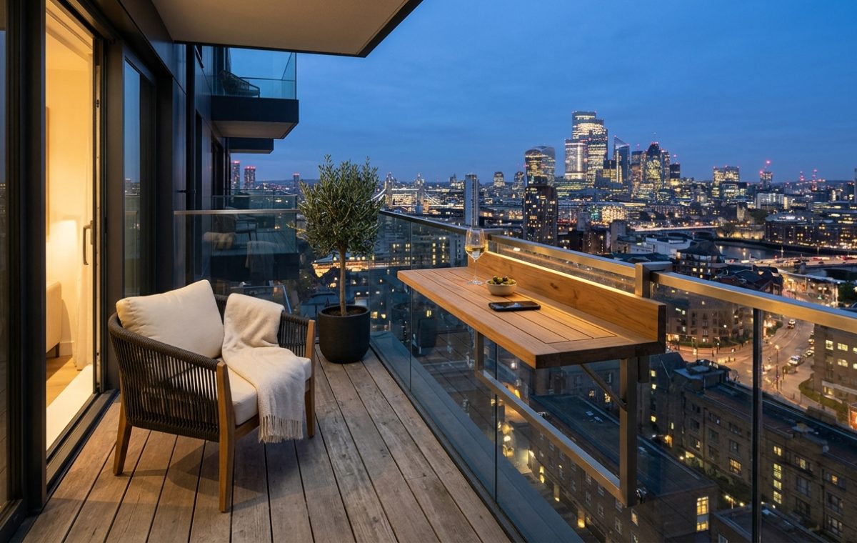 Editorial view of a modern apartment balcony featuring a teak railing table and a 24-inch clear walkway for optimized small apartment balcony ideas.