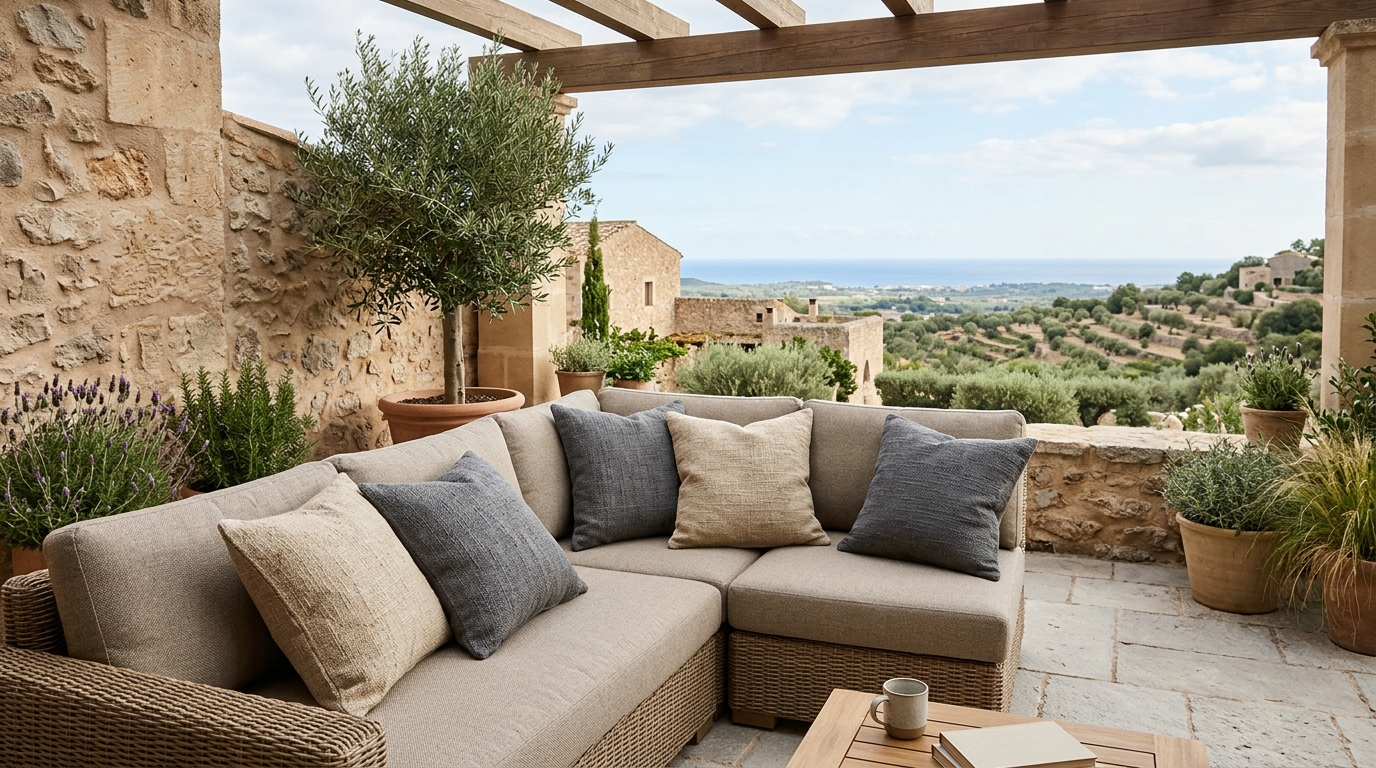 Detail shot of weather-resistant outdoor textiles in a monochrome sand-toned palette for small outdoor spaces.