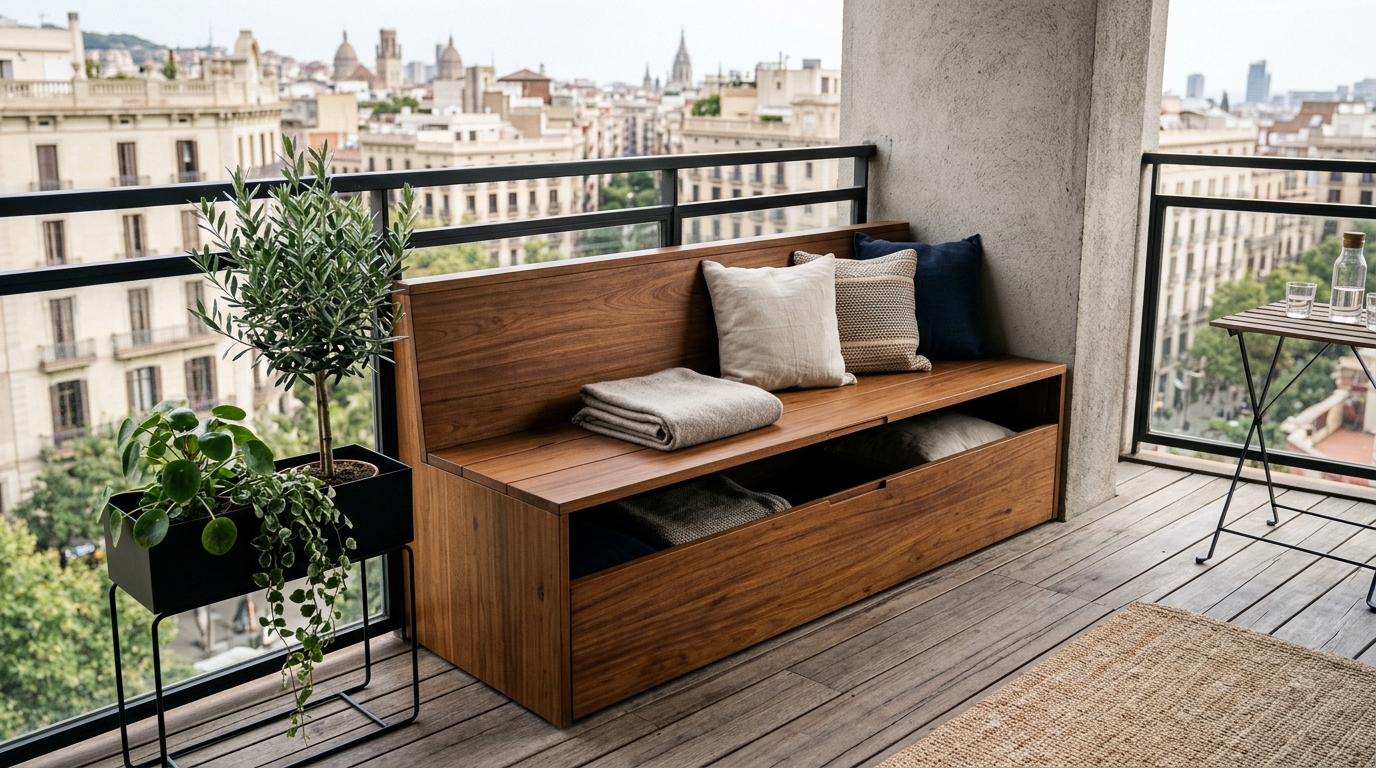Integrated bench storage made of sustainable Ipe wood on a small apartment balcony layout.