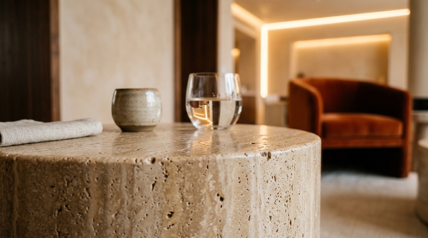 Macro photography of a honed travertine side table reflecting the soft 2700K evening lighting.