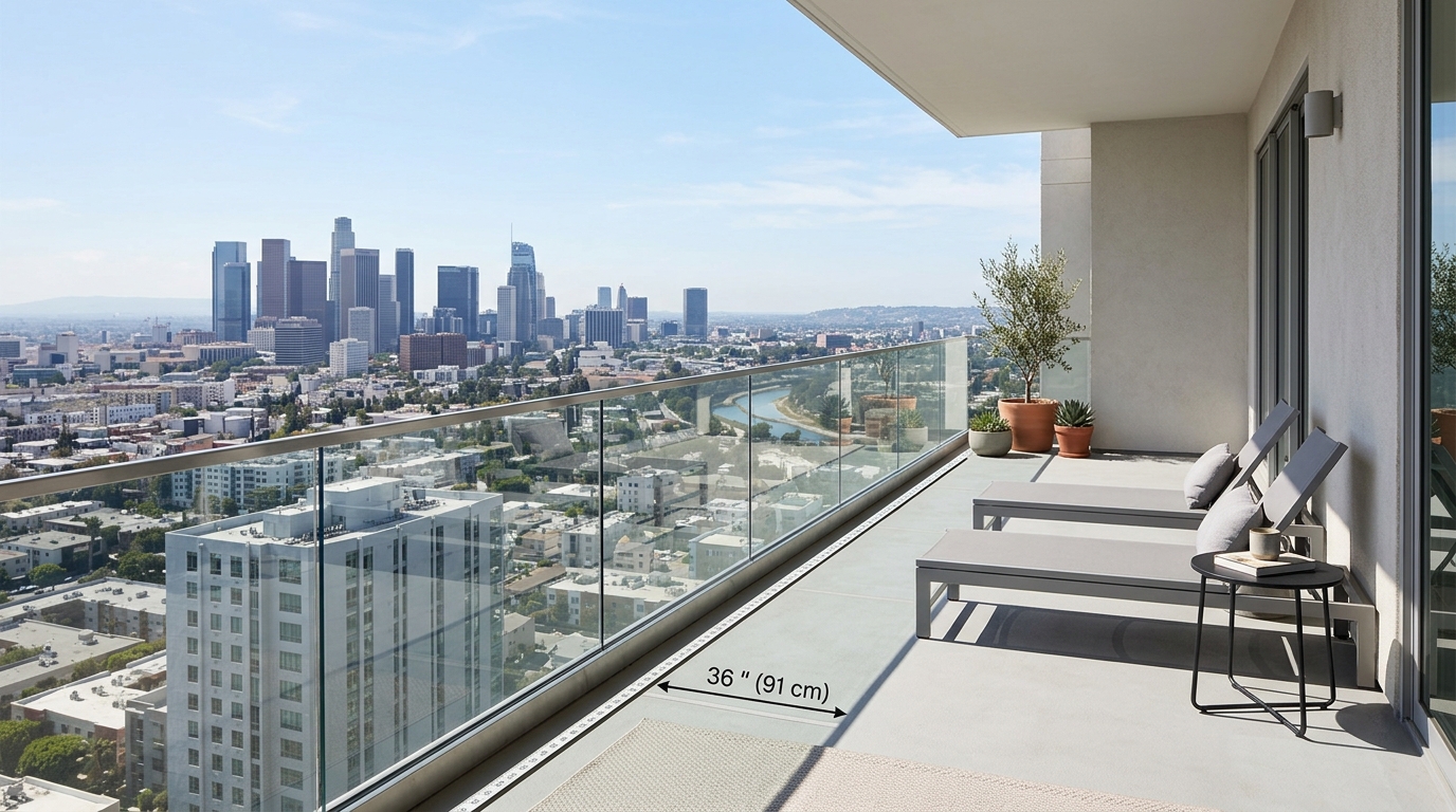 Urban patio design featuring a 36-inch standard circulation path and a multi-functional ottoman.