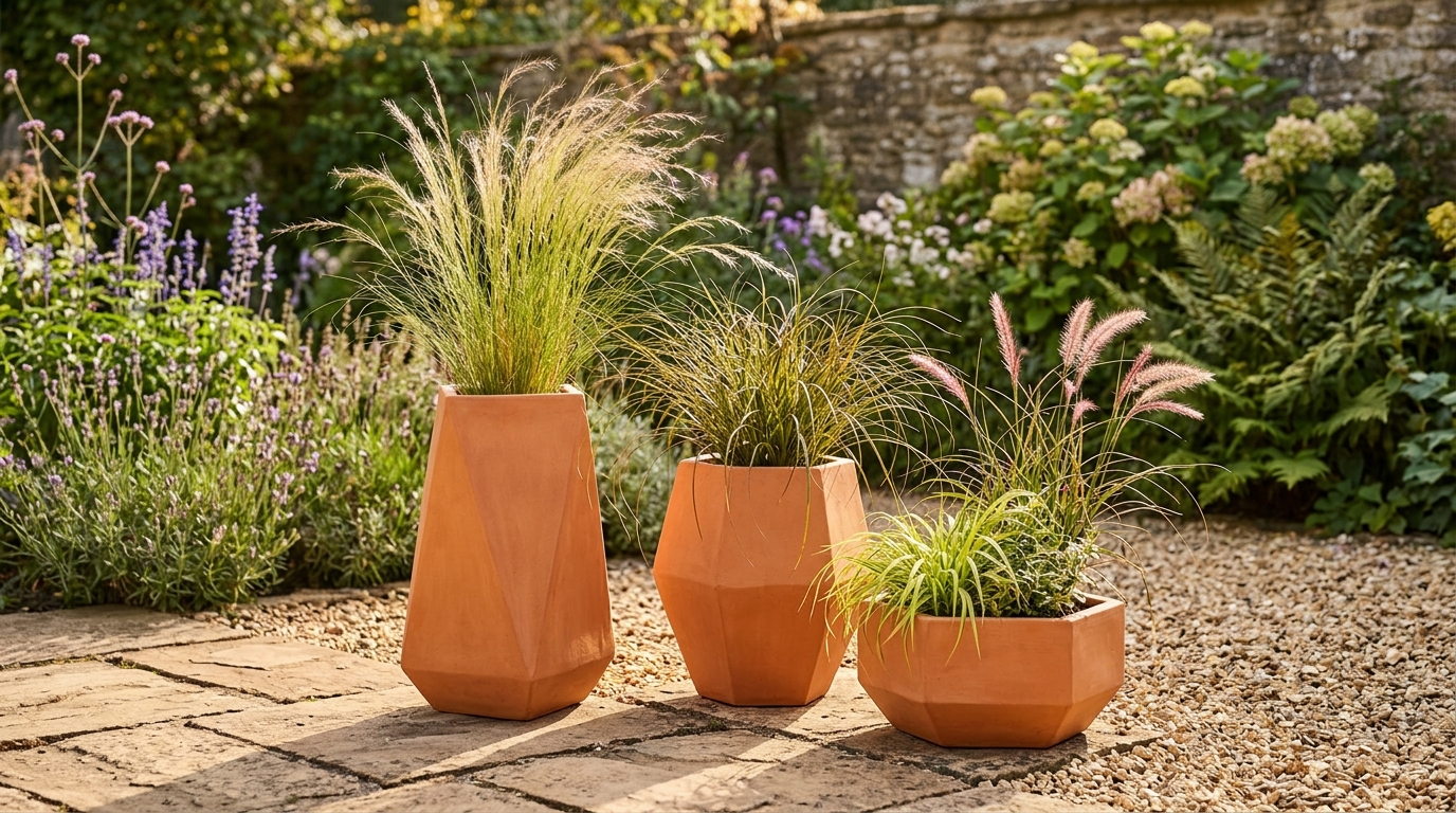 A curated selection of architectural terracotta planters of varying heights for a textured balcony garden.