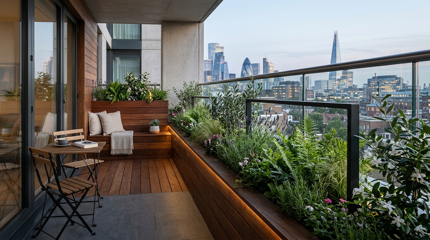 Small apartment balcony ideas featuring a built-in wooden planter box and a sleek metal balustrade.