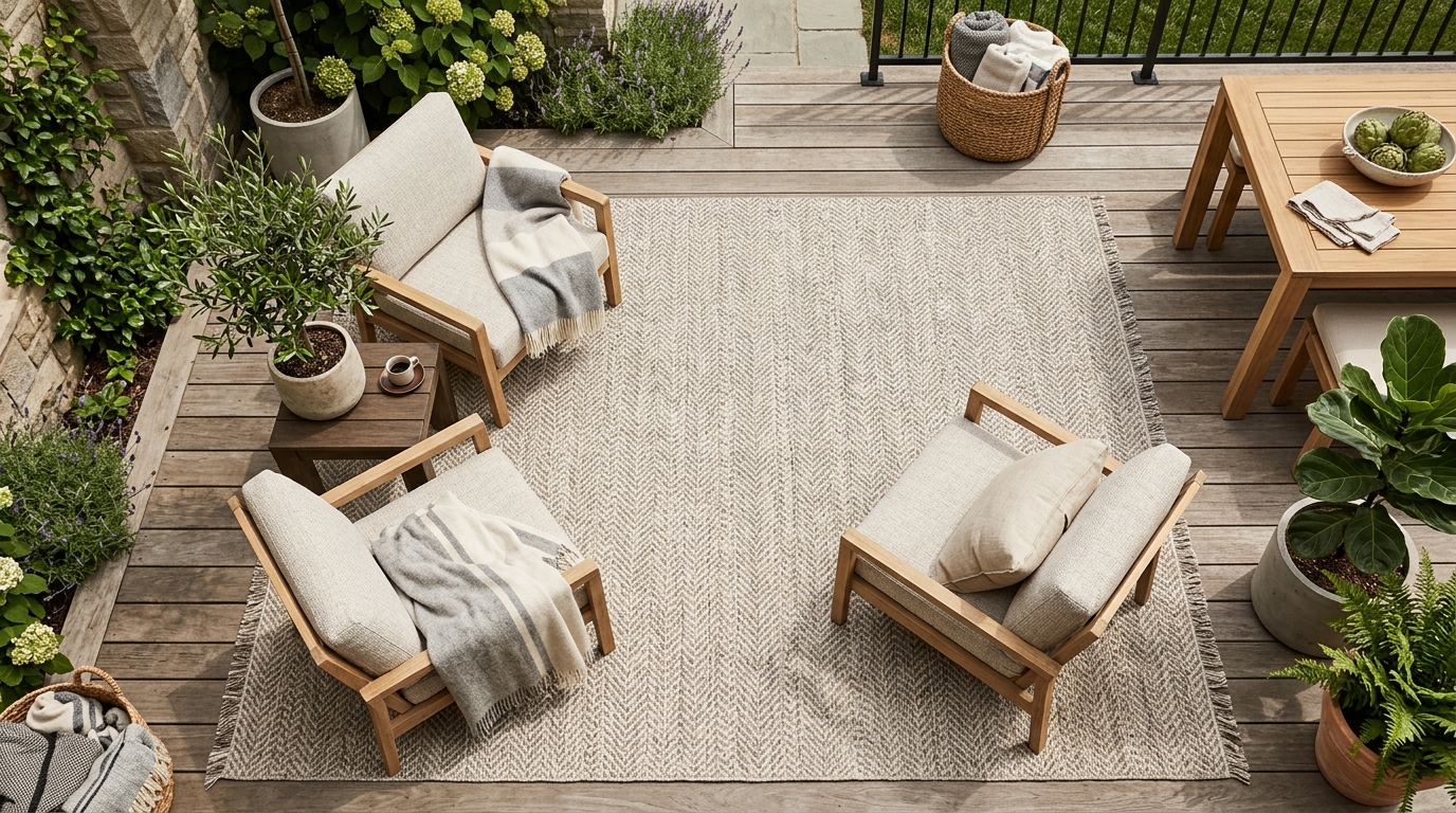 Top-down view of a designer outdoor rug with a subtle geometric pattern in organic neutral tones.