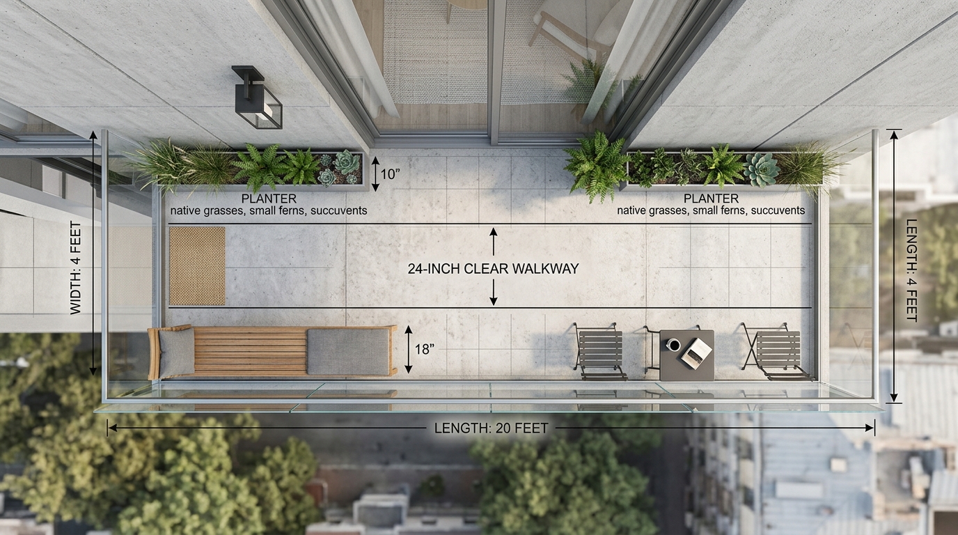 Architectural floor-plan perspective of a narrow balcony layout showing the spatial geometry and flow of nesting furniture.