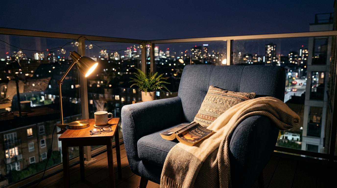 Warm 3000K task lighting focused on a reading nook on a sheltered apartment terrace.