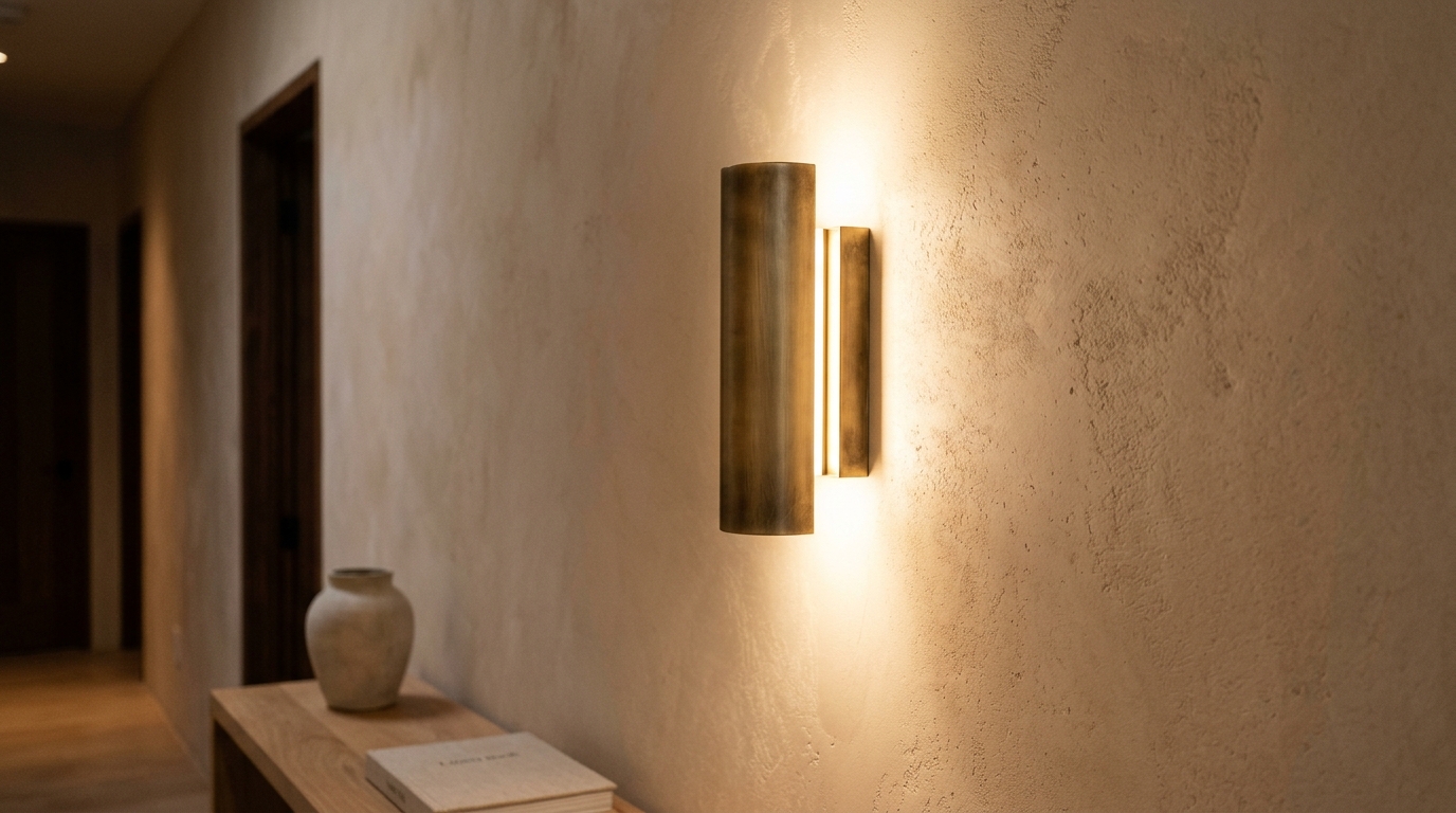 Brushed brass outdoor sconce mounted on a textured plaster wall for sophisticated atmospheric lighting.