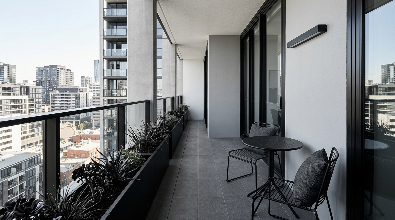 Minimalist narrow balcony design using a monochrome palette and slender metal furniture.