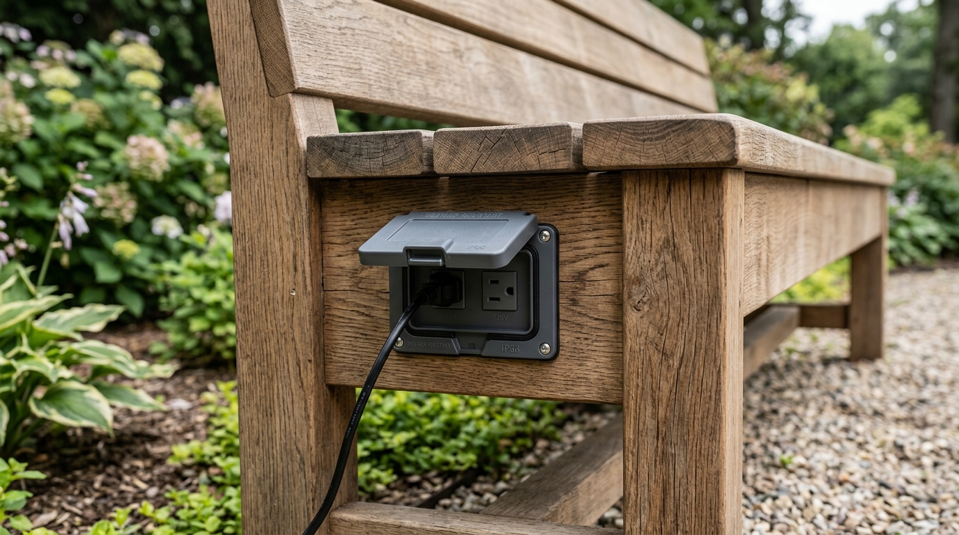 Close-up of a weather-protected power outlet integrated into a custom wooden balcony bench.
