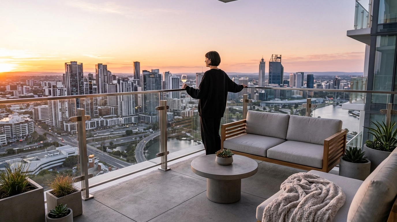 Small apartment balcony ideas incorporating a glass railing to maintain uninterrupted city views.