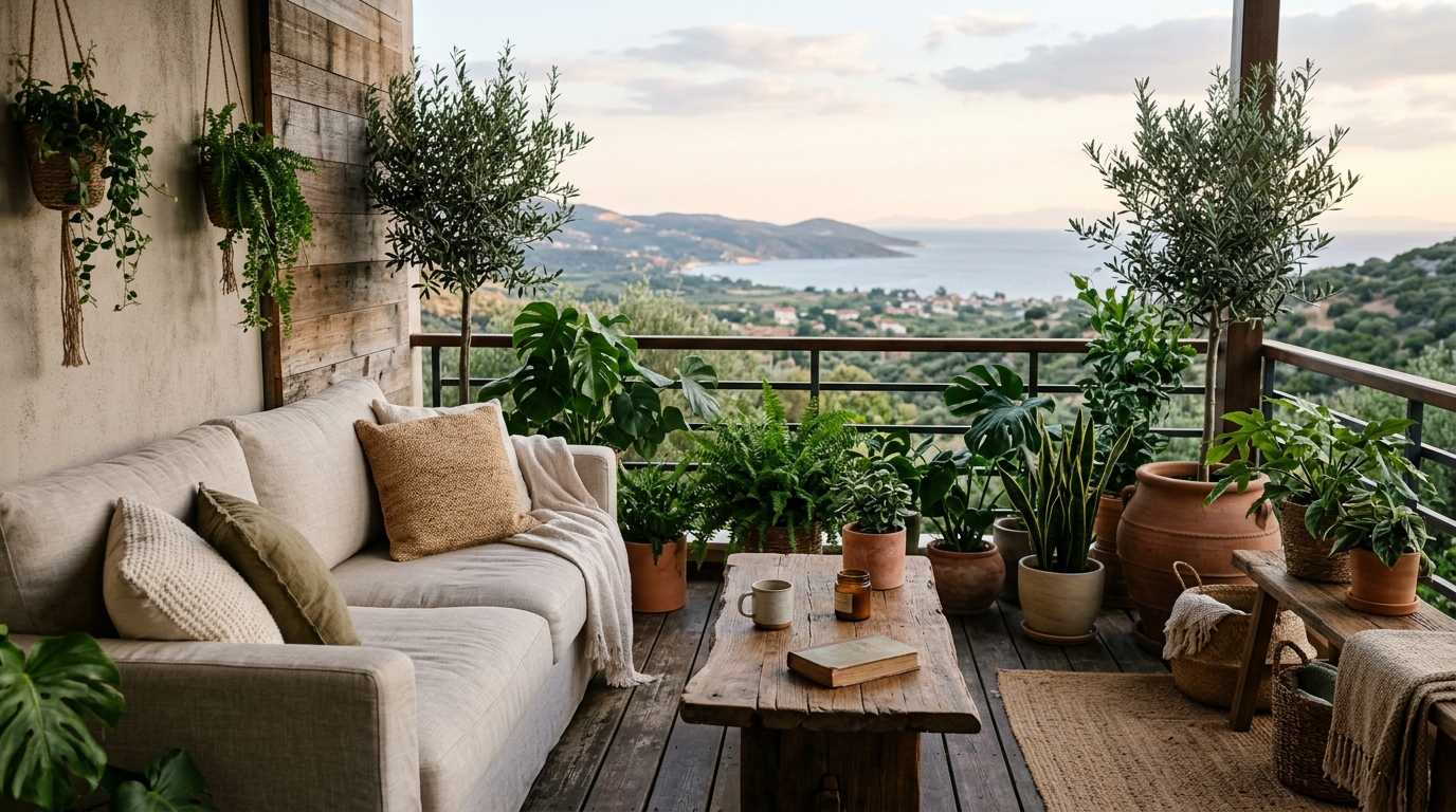 Organic modern balcony styling with a linen-upholstered outdoor sofa and a reclaimed wood table.