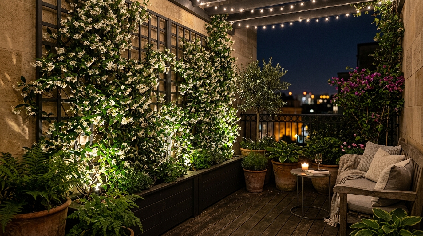 A lush, biophilic balcony retreat featuring a dense wall of Star Jasmine and soft ambient uplighting.