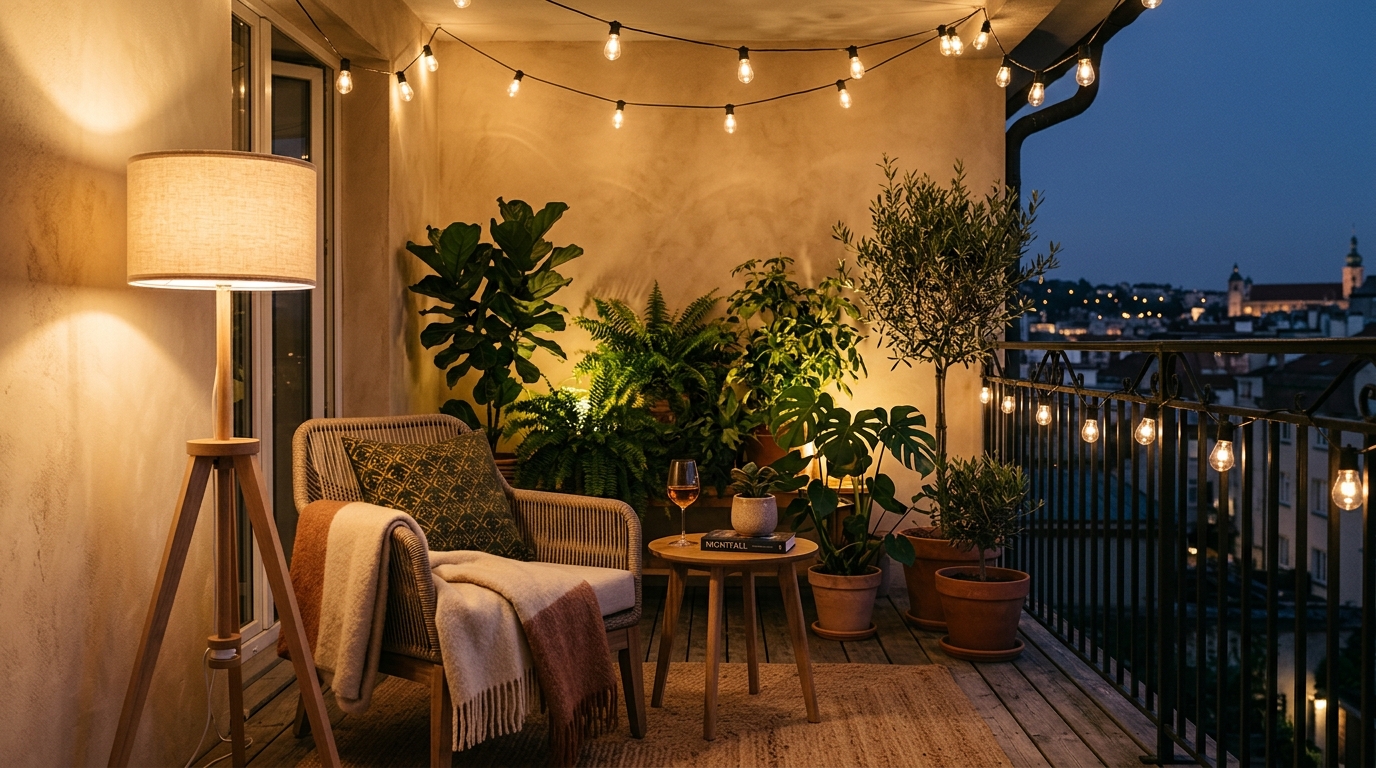 Evening atmospheric lighting at 2700K on a private terrace showcasing warm ambient glow and biophilic garden screens.