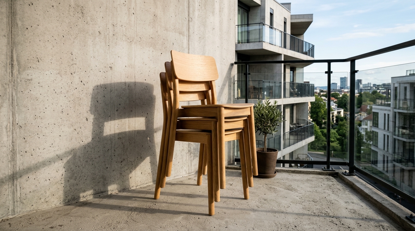 Minimalist Scandinavian nesting chairs in light oak arranged on a contemporary concrete balcony floor.