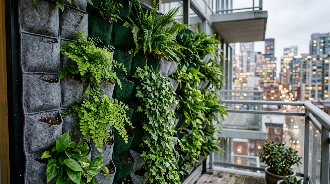 Vertical garden wall with lush ivy and ferns providing privacy for a compact city apartment balcony.