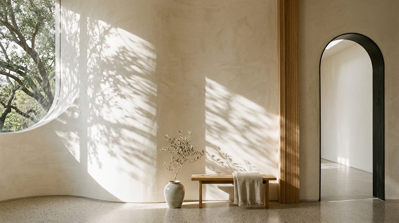 Natural sunlight hitting a limewash wall in Benjamin Moore Swiss Coffee on a high-end residential balcony.