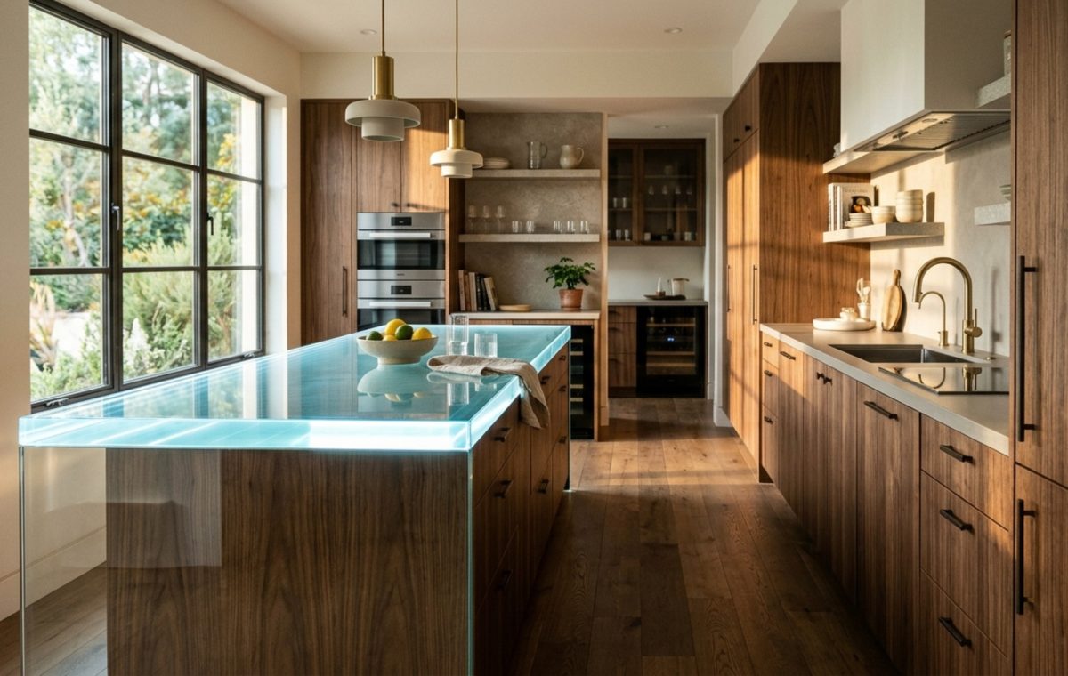 led glass countertops integrated into a minimalist kitchen with 36-inch circulation paths and warm 2700K ambient lighting