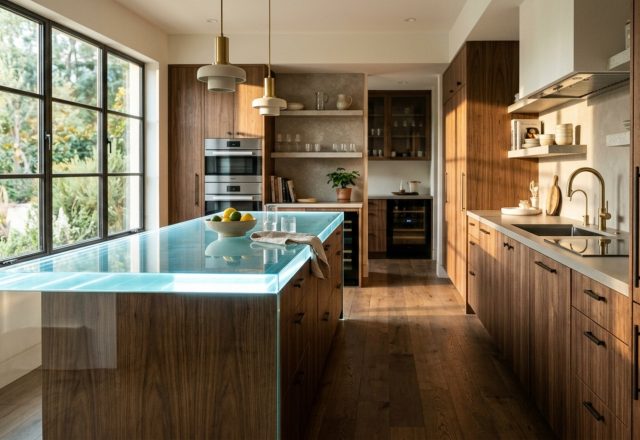 led glass countertops integrated into a minimalist kitchen with 36-inch circulation paths and warm 2700K ambient lighting