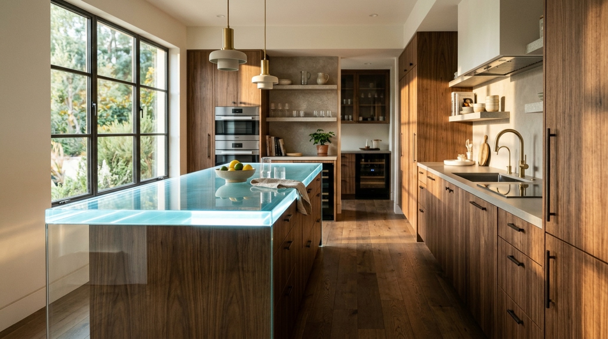 led glass countertops integrated into a minimalist kitchen with 36-inch circulation paths and warm 2700K ambient lighting led glass countertops integrated into a minimalist kitchen with 36-inch circulation paths and warm 2700K ambient lighting