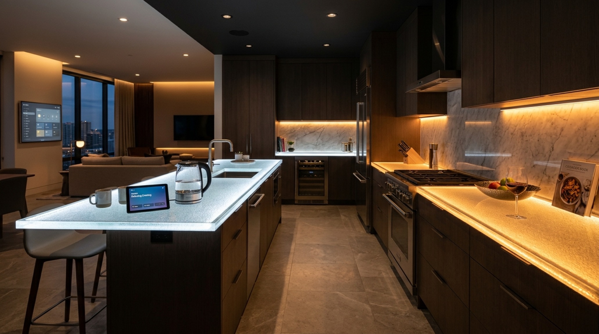 led glass countertops in a twilight setting showing the transition to warm sunset hues via smart integration led glass countertops in a twilight setting showing the transition to warm sunset hues via smart integration