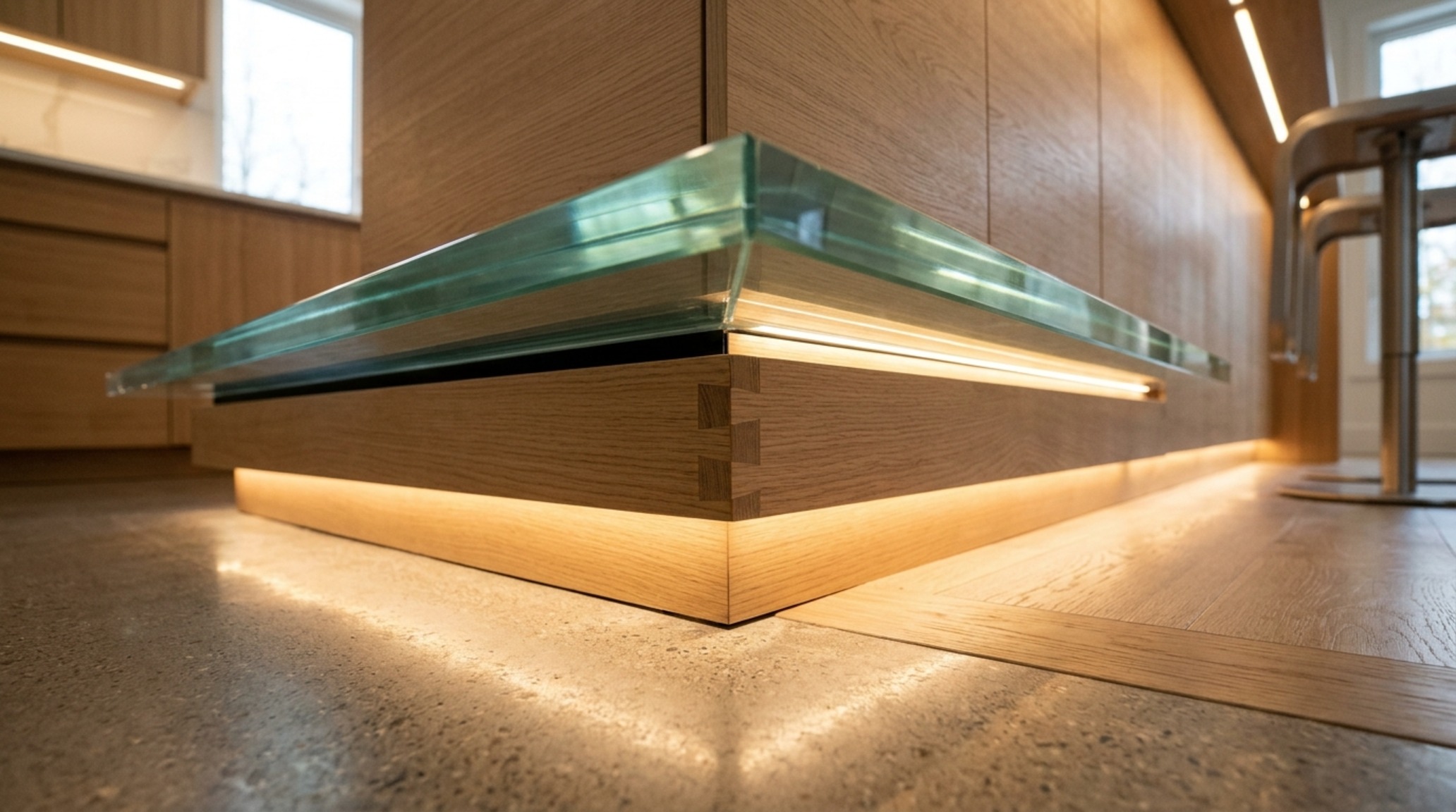 backlit glass kitchen island showcasing the invisible aluminum heat-sink and structural support frame backlit glass kitchen island showcasing the invisible aluminum heat-sink and structural support frame