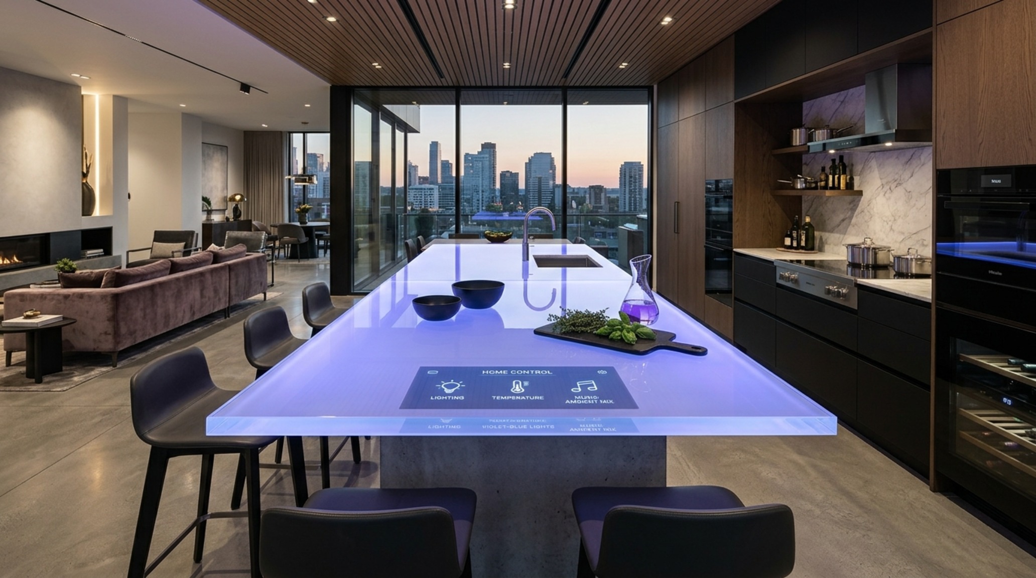 RGB smart home surface integration within a luminous glass countertop controlled by a high-CRI automation system RGB smart home surface integration within a luminous glass countertop controlled by a high-CRI automation system