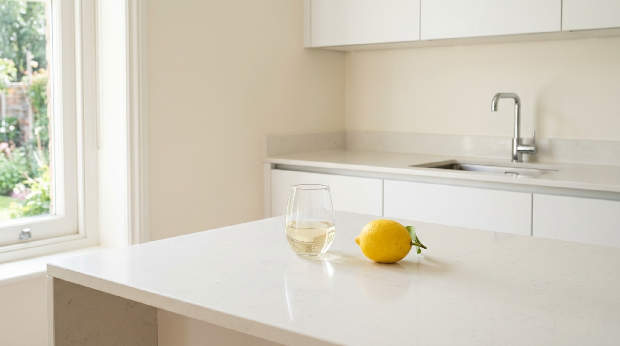 hygienic non-porous worktops made of architectural glass in a modern white kitchen with Swiss Coffee cabinetry hygienic non-porous worktops made of architectural glass in a modern white kitchen with Swiss Coffee cabinetry