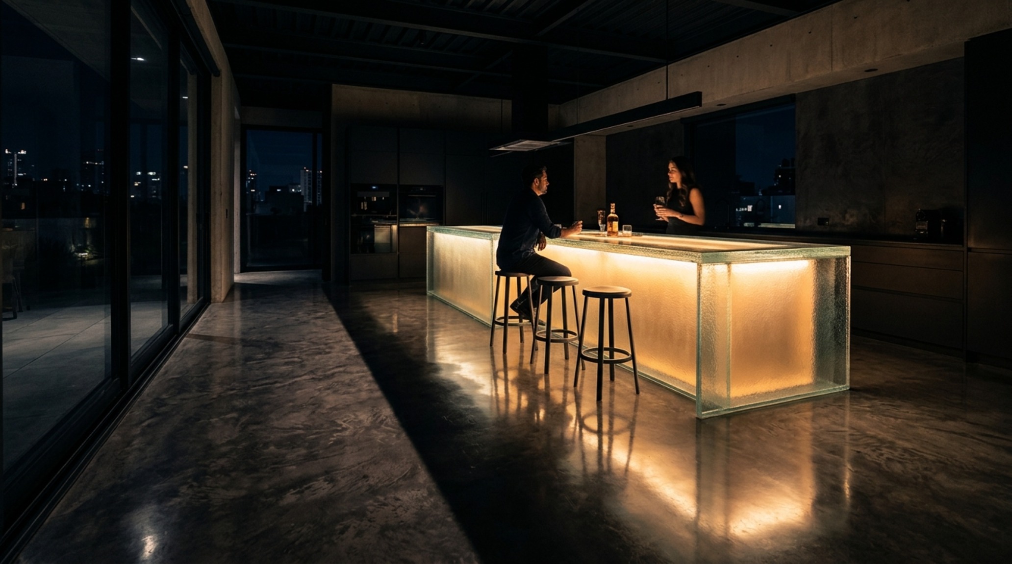 backlit glass kitchen island with a 12-inch overhang for seating and diffused LED substrate glow backlit glass kitchen island with a 12-inch overhang for seating and diffused LED substrate glow