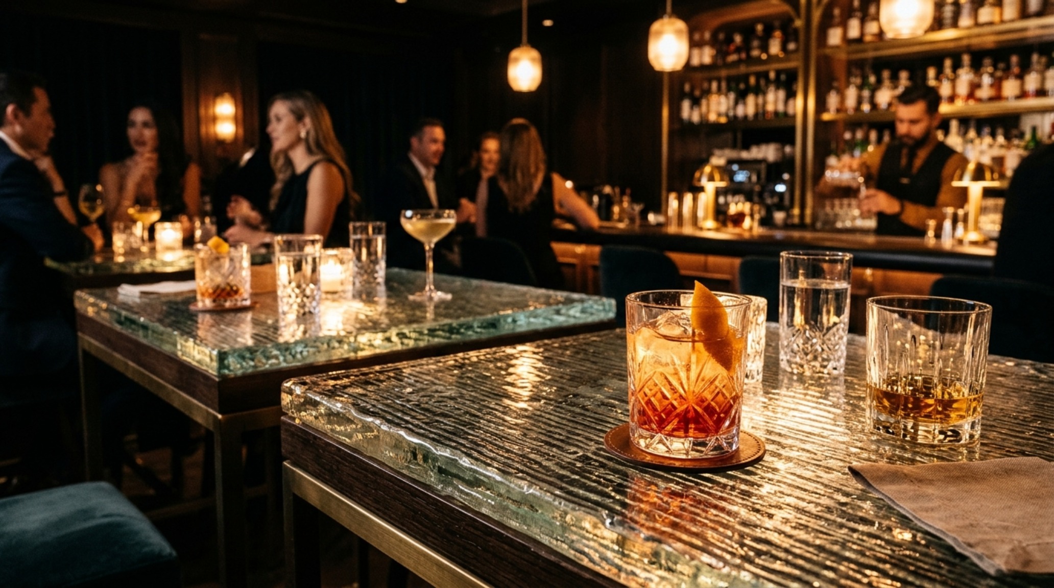 textured glass bar tops refracting light into crystal glassware with a backdrop of dark iron ore cabinetry textured glass bar tops refracting light into crystal glassware with a backdrop of dark iron ore cabinetry